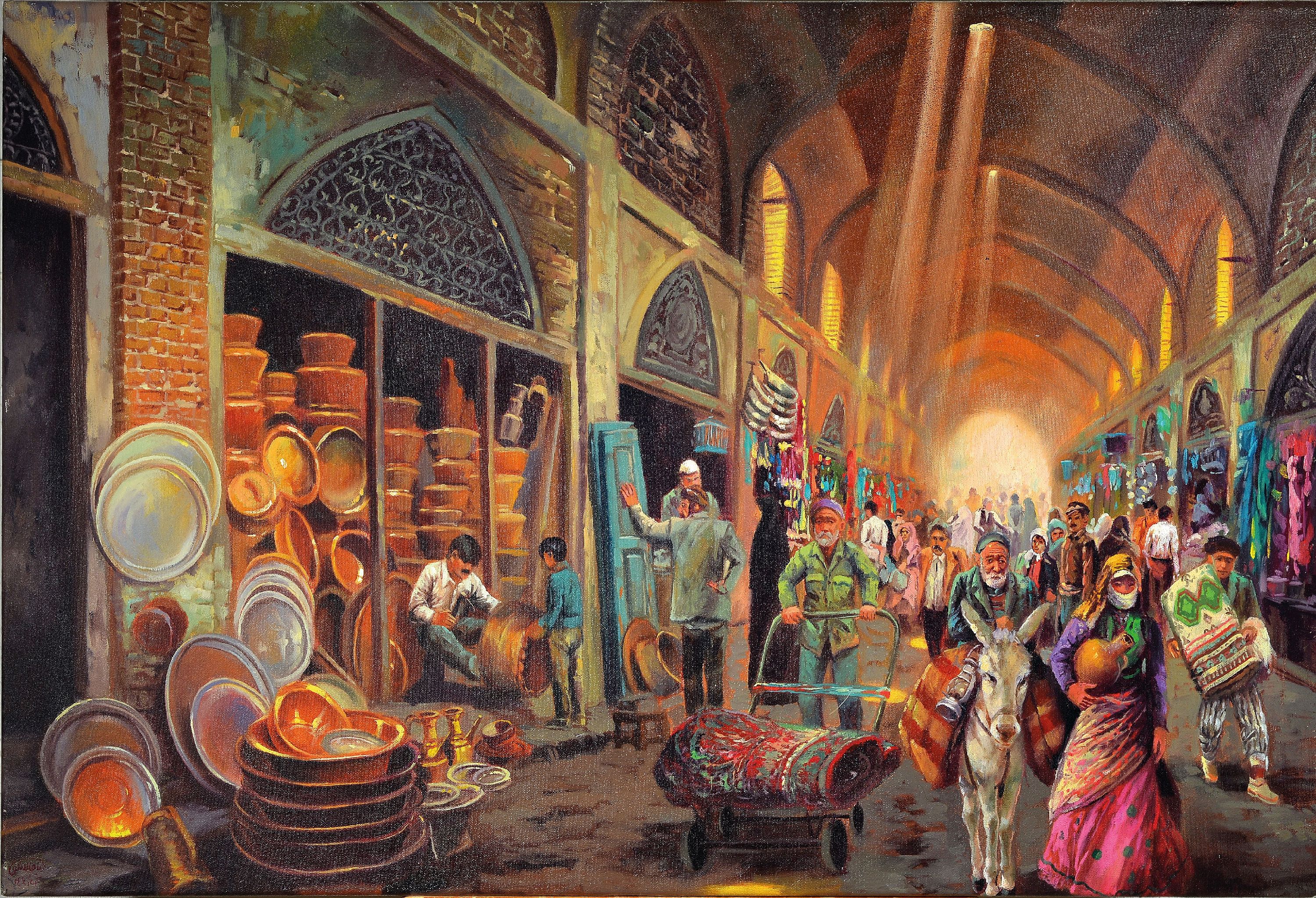 Detail k: Ebrahim Bajalanlou, zeitgenössischer iranischer Künstler, persischer Basar, detailreiche Darstellung des lebhaften Treibens, Öl/Lwd., signiert, 75 ...