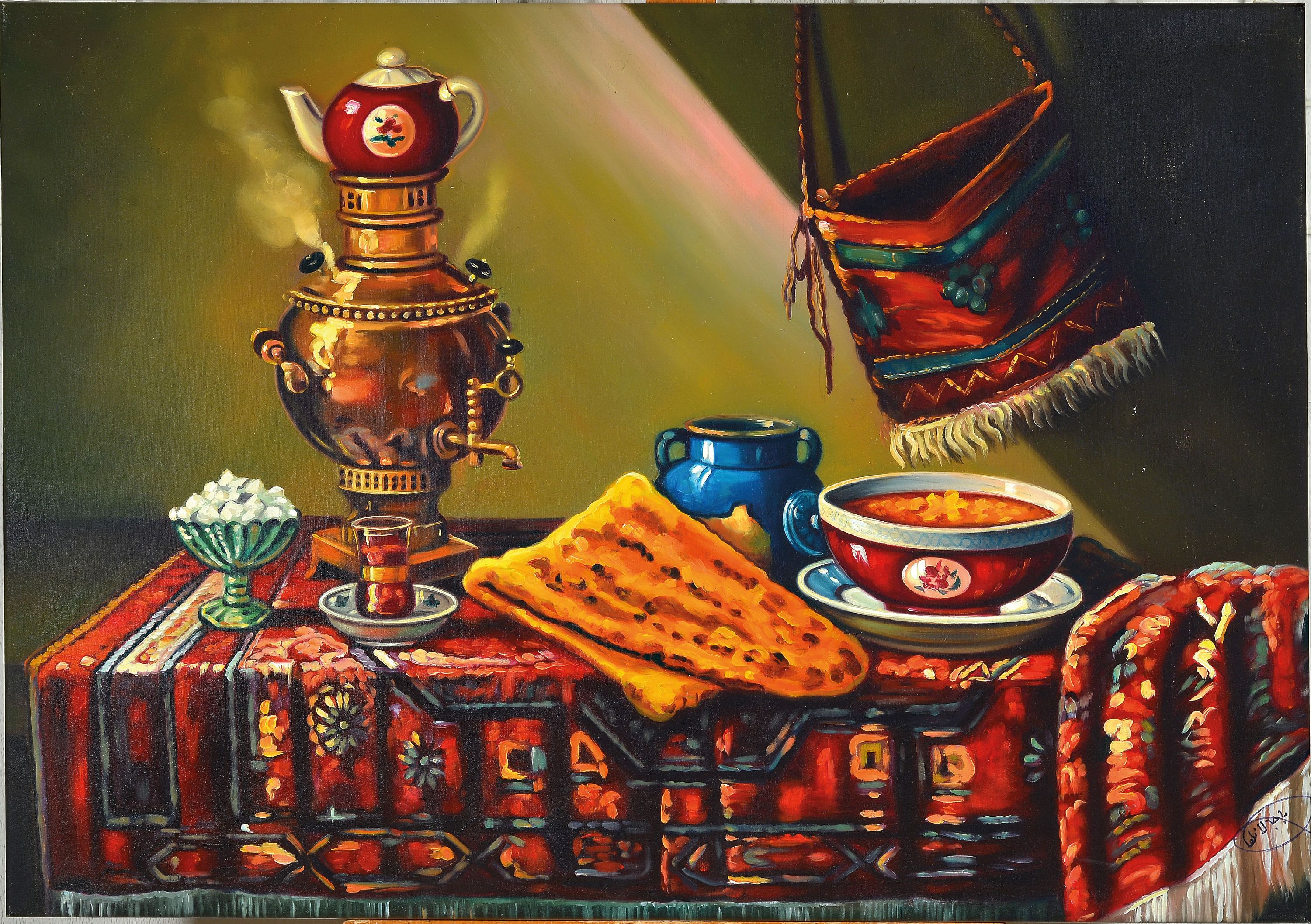Detail k: Ebrahim Bajalanlou, zeitgenössischer iranischer Künstler, orientalisches Stillleben mit Samovar, Gefäßen und Textilien, Öl/Lwd, signiert, ca. 68 ...