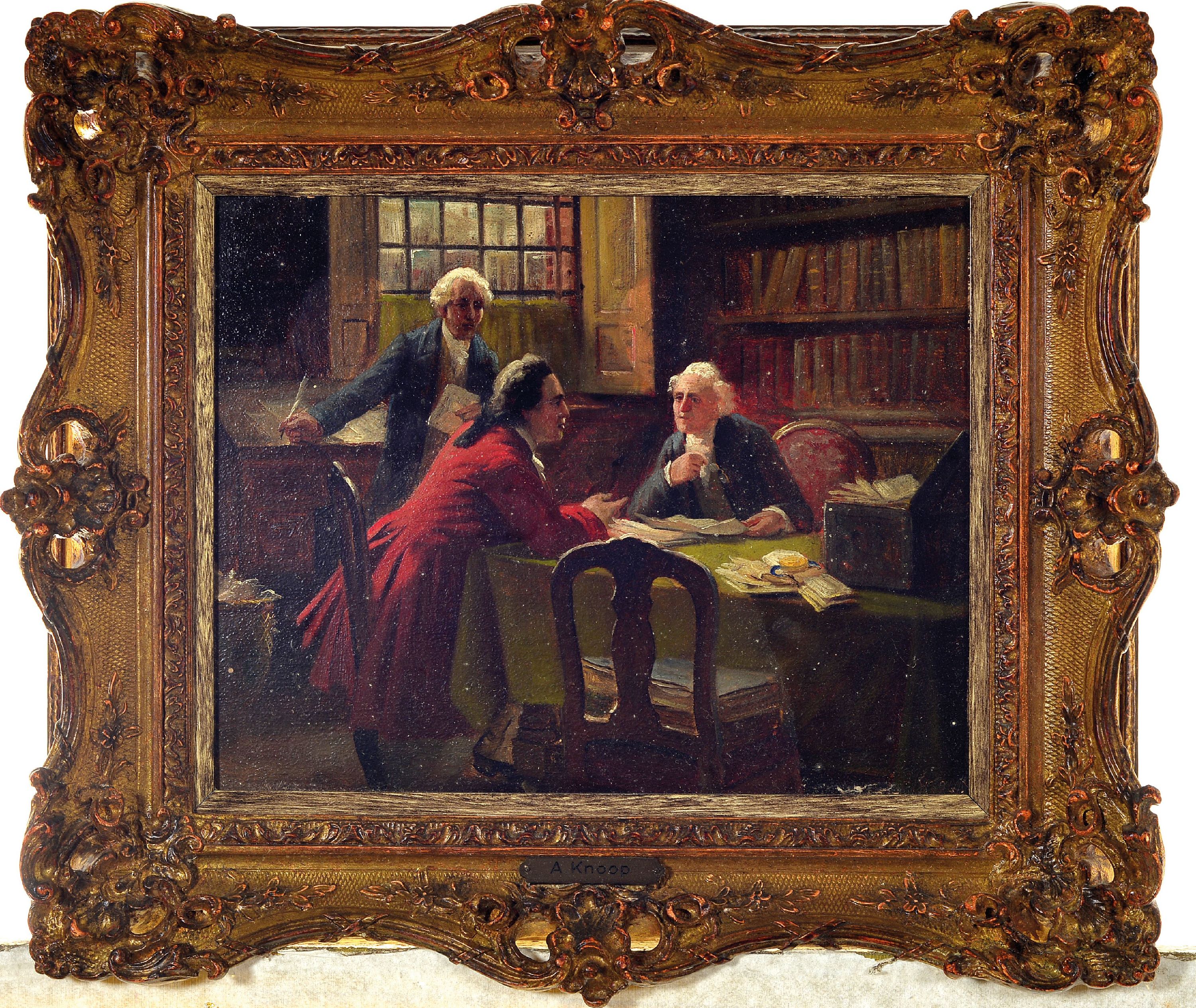 Detail k: Zuschreibung: August Hermann Knoop, 1856 Düsseldorf-1919 Planegg, Herren in der Stube beim Gespräch über Akten, Öl/Malkarton, ca. 24x30cm, ...
