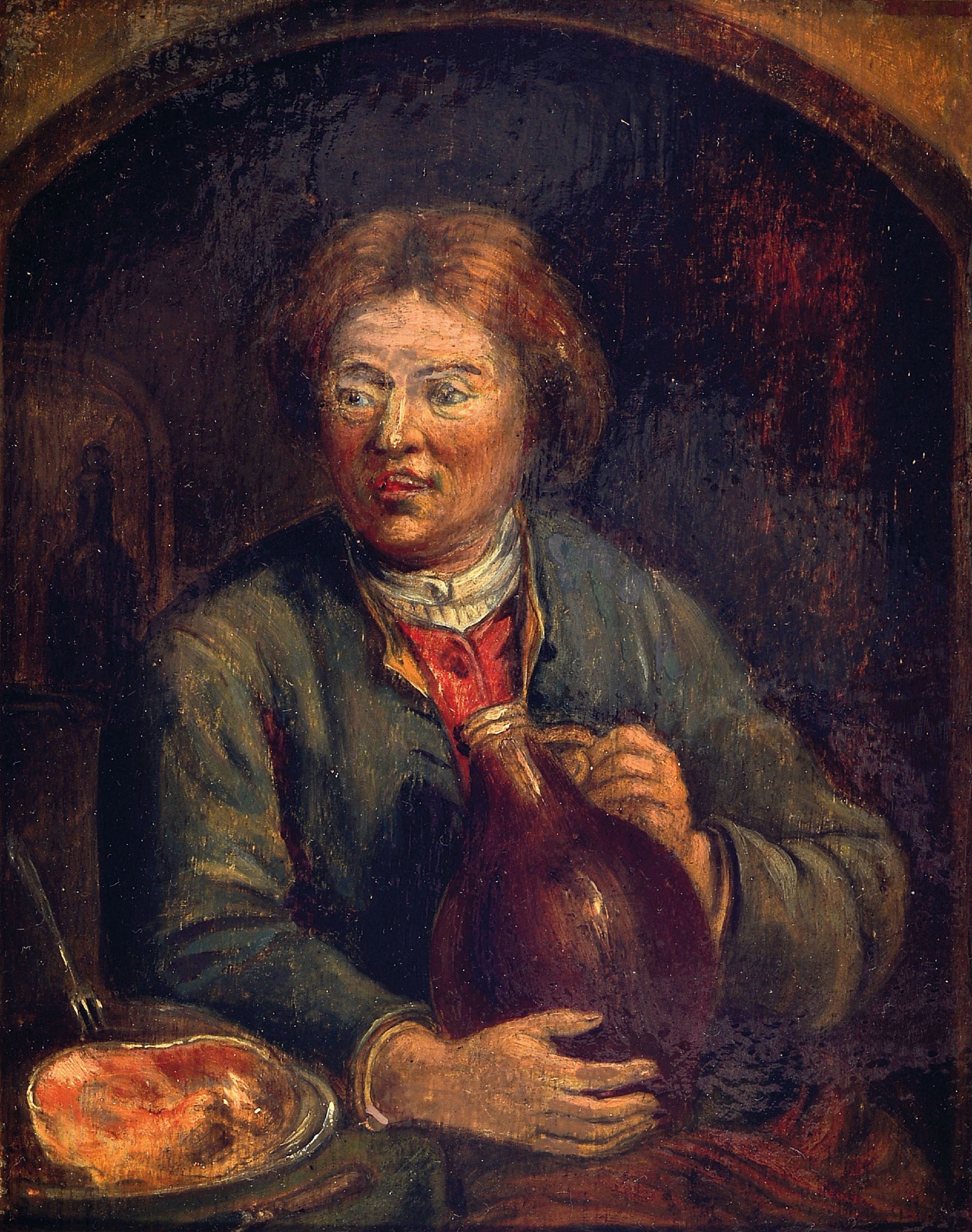 Image 27041238 - Unbekannter Künstler des 19. Jh., Porträt eines Mannes mit Weinkrug und Schinken in ...