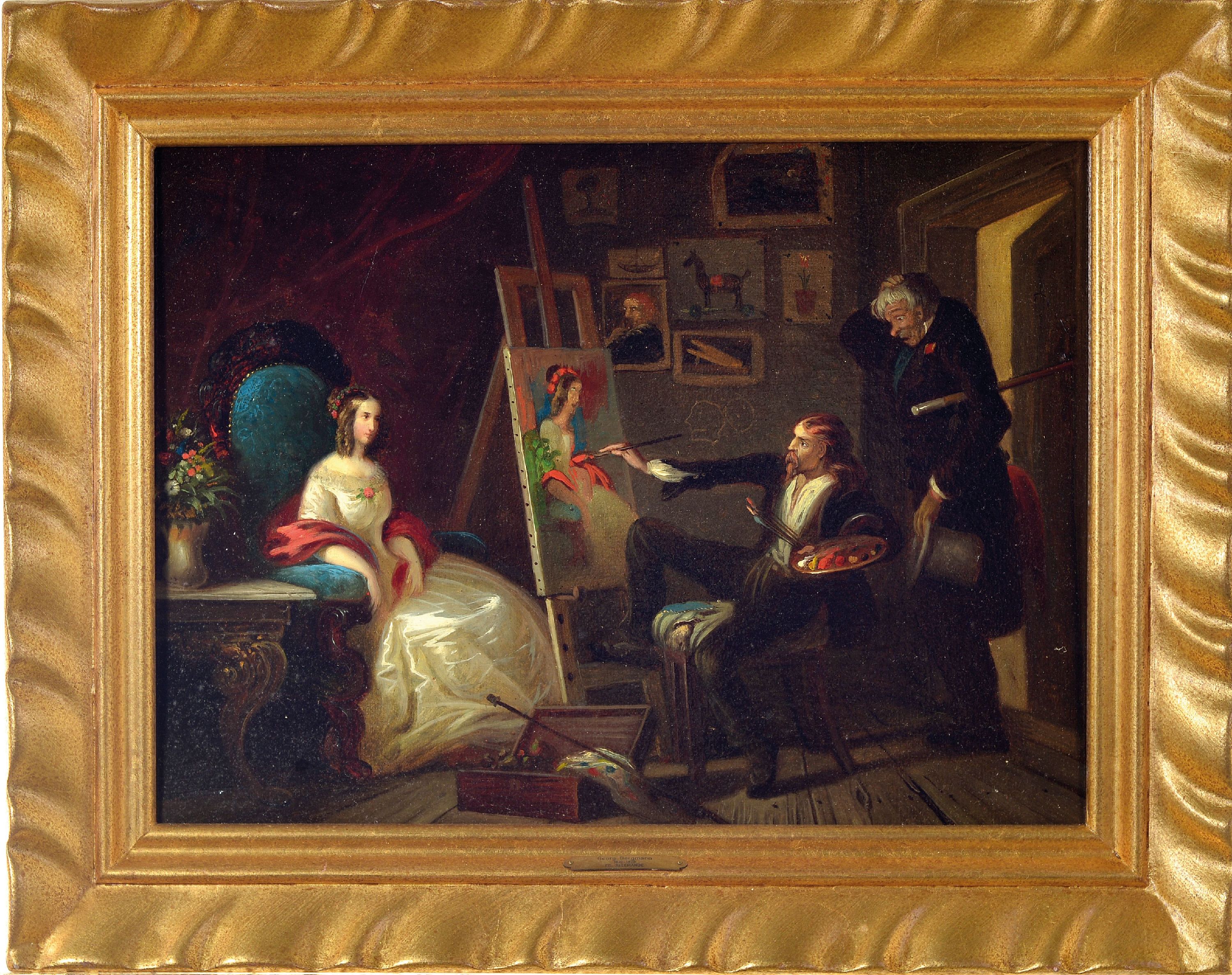 Detail k: Zuschreibung: Georg Bergmann, 1819 Celle-1870 Hildesheim, Maler mit seinem Modell im Atelier, im Hintergrund erschrocken beäugt vom Auftraggeber, ...