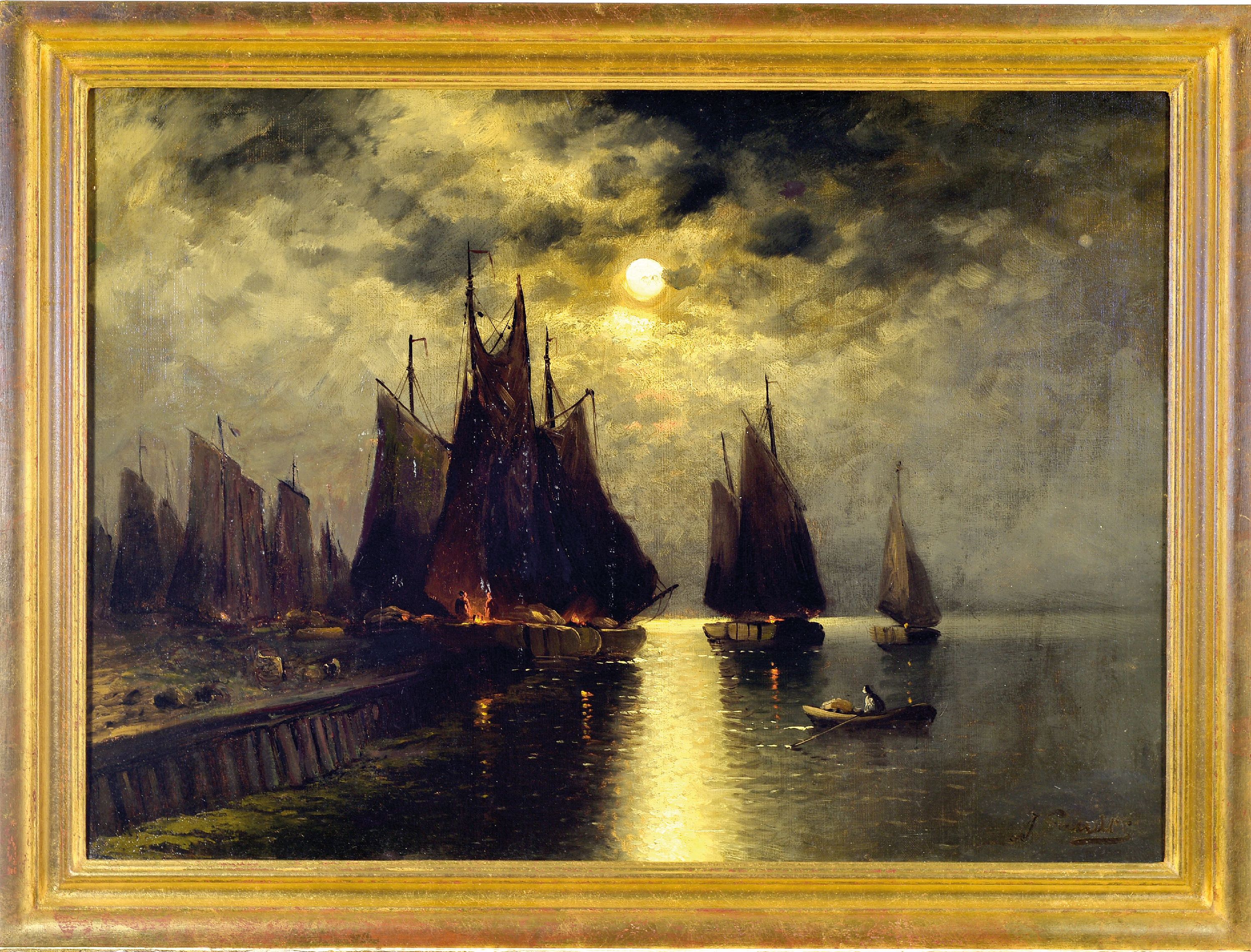 Detail k: J. Sandler, Maler des 19. Jh., Vollmond über einem Hafen mit Segelschiffen, Öl/Lwd, rest., doubl., rechts unten sign., ca. 47x64 cm, R. ca. 56x74cm