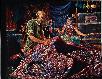 27041204k - Parinaz Bajalanlou, geb. 1985, iranische Künstlerin, in der Teppichknüpferei ...