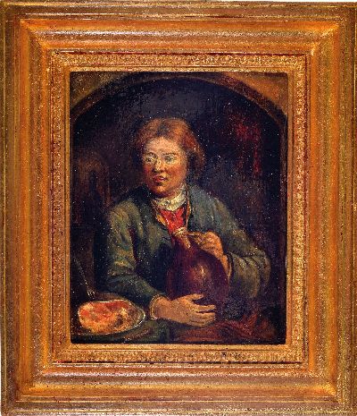 27041238k - Unbekannter Künstler des 19. Jh., Porträt eines Mannes mit Weinkrug und Schinken in ...