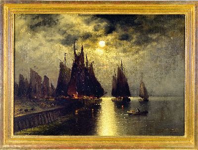 27041240k - J. Sandler, Maler des 19. Jh., Vollmond über einem Hafen mit Segelschiffen, Öl/Lwd, ...