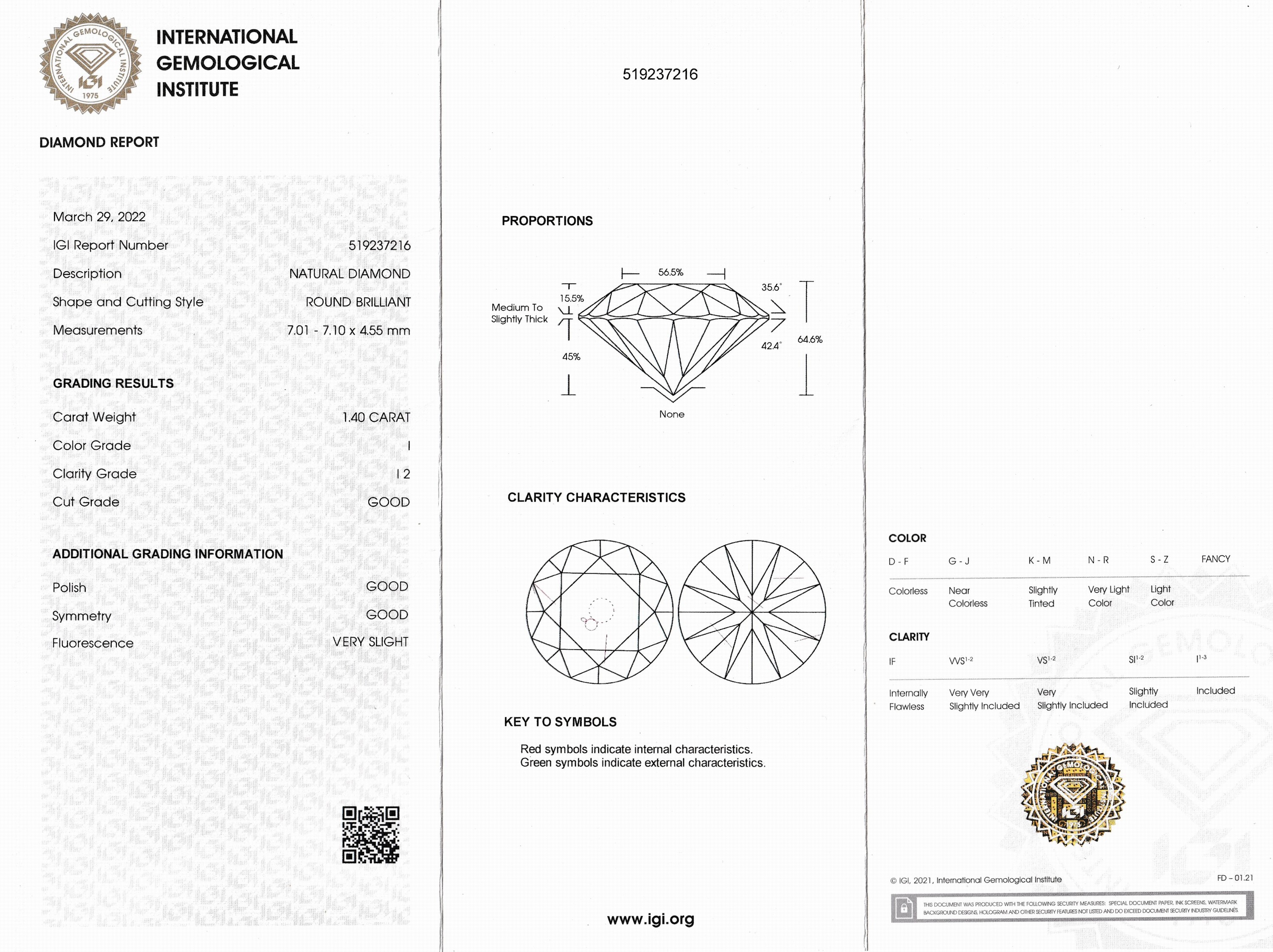 Detail b: Loser Brillant ca. 1.40 ct l.get.Weiß(I)/p2, verschweißt, IGI-Expertise