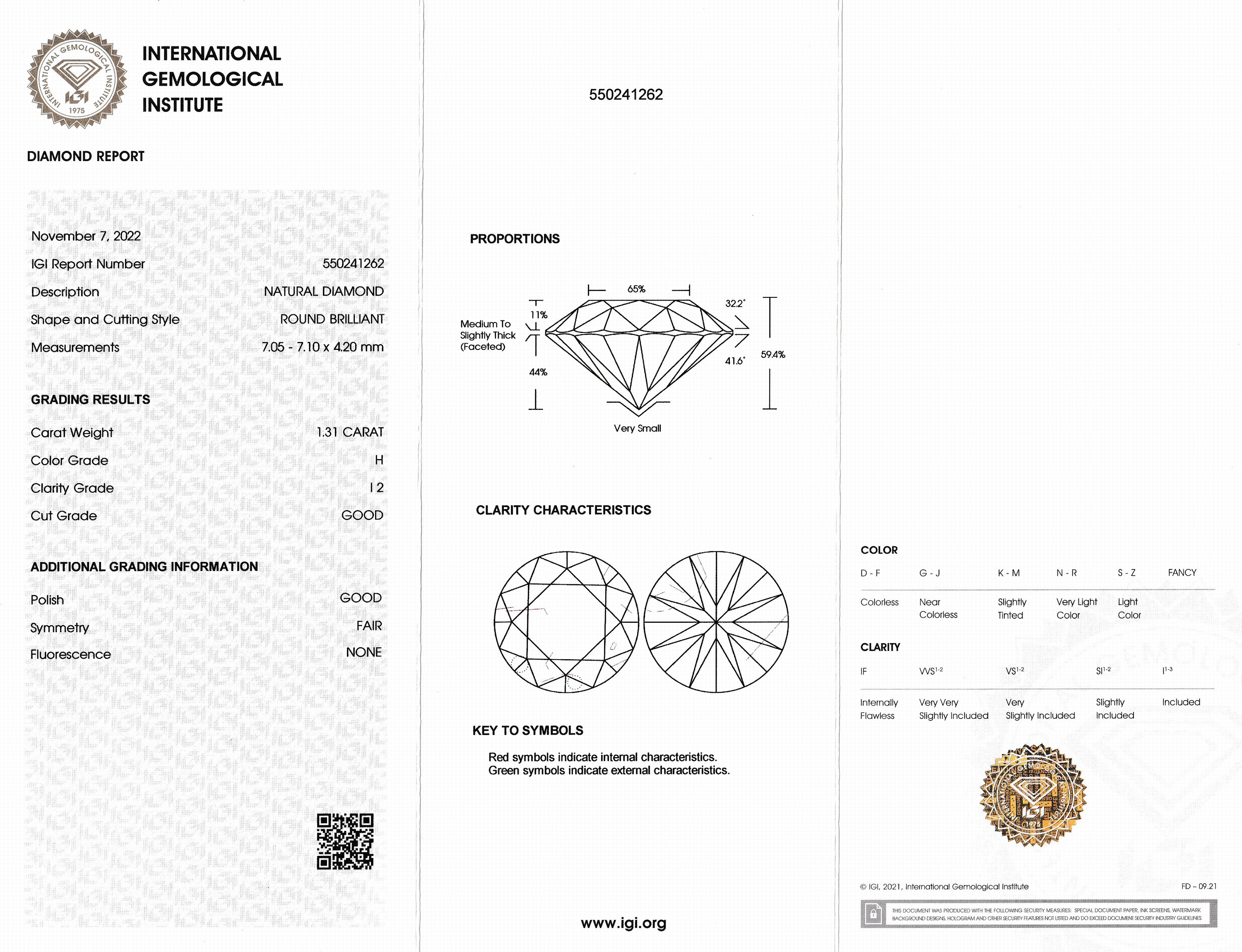 Detail b: Loser Brillant 1.31 ct Weiß(H)/p2, verschweißt, IGI-Expertise