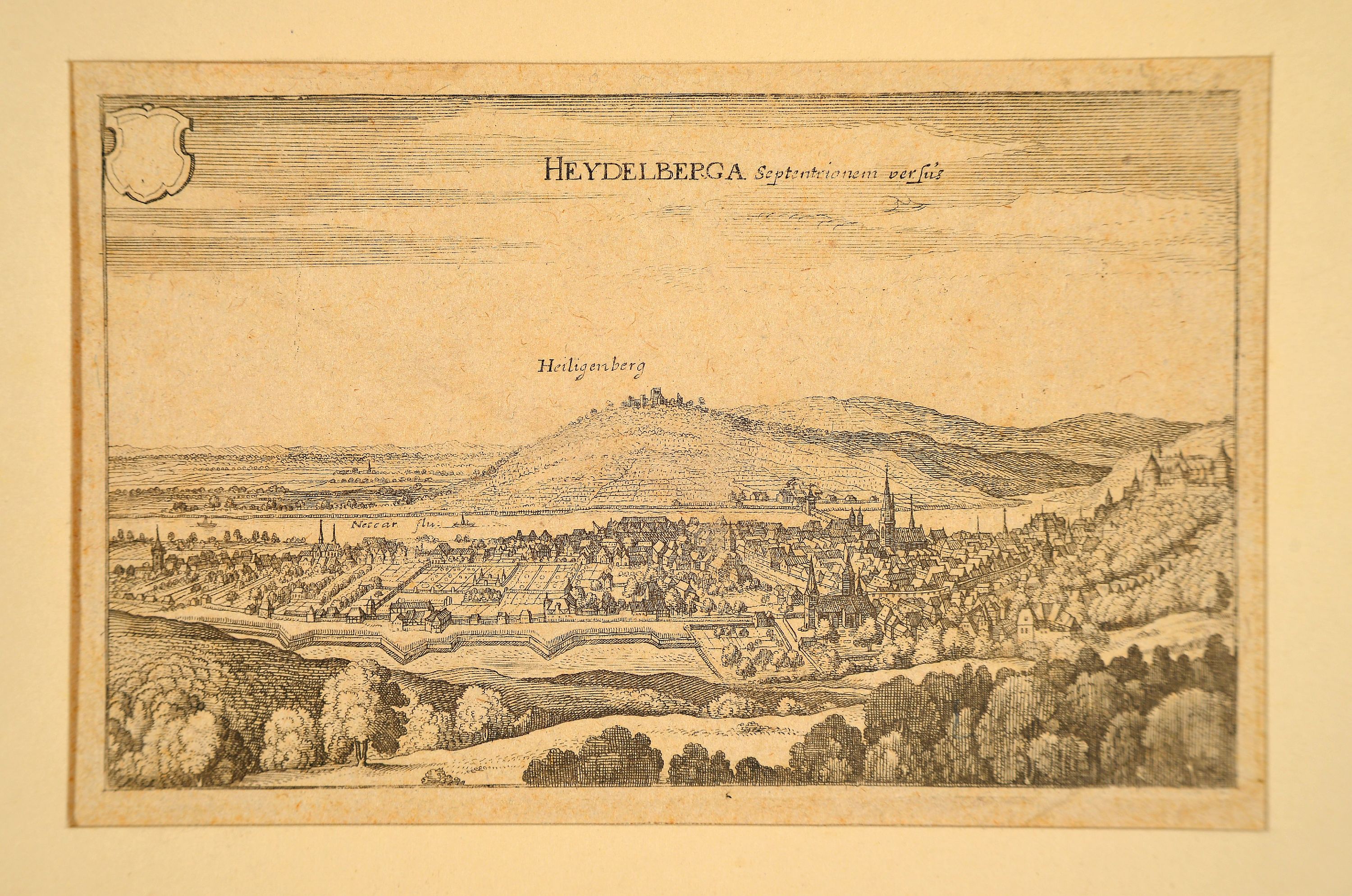 Detail k: Matthäus Merian d.Ä., 1593 Basel-1650 Langenschwalbach, Radierung, "Heydelberga Septentrionem versus", Ansicht von Heidelberg mit Blick ...