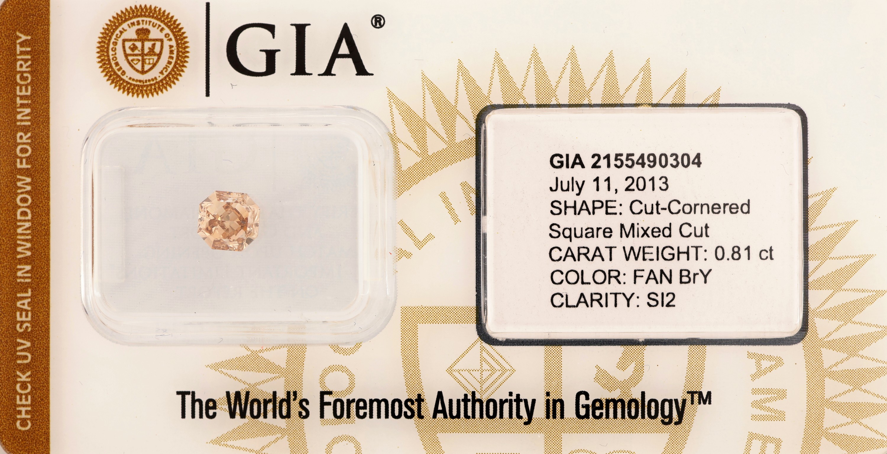 Image 27041622 - Loser Diamant, 0.81 ct Natural Fancy Brown- Yellow/si2, Cornered Square Mixed Cut, ...