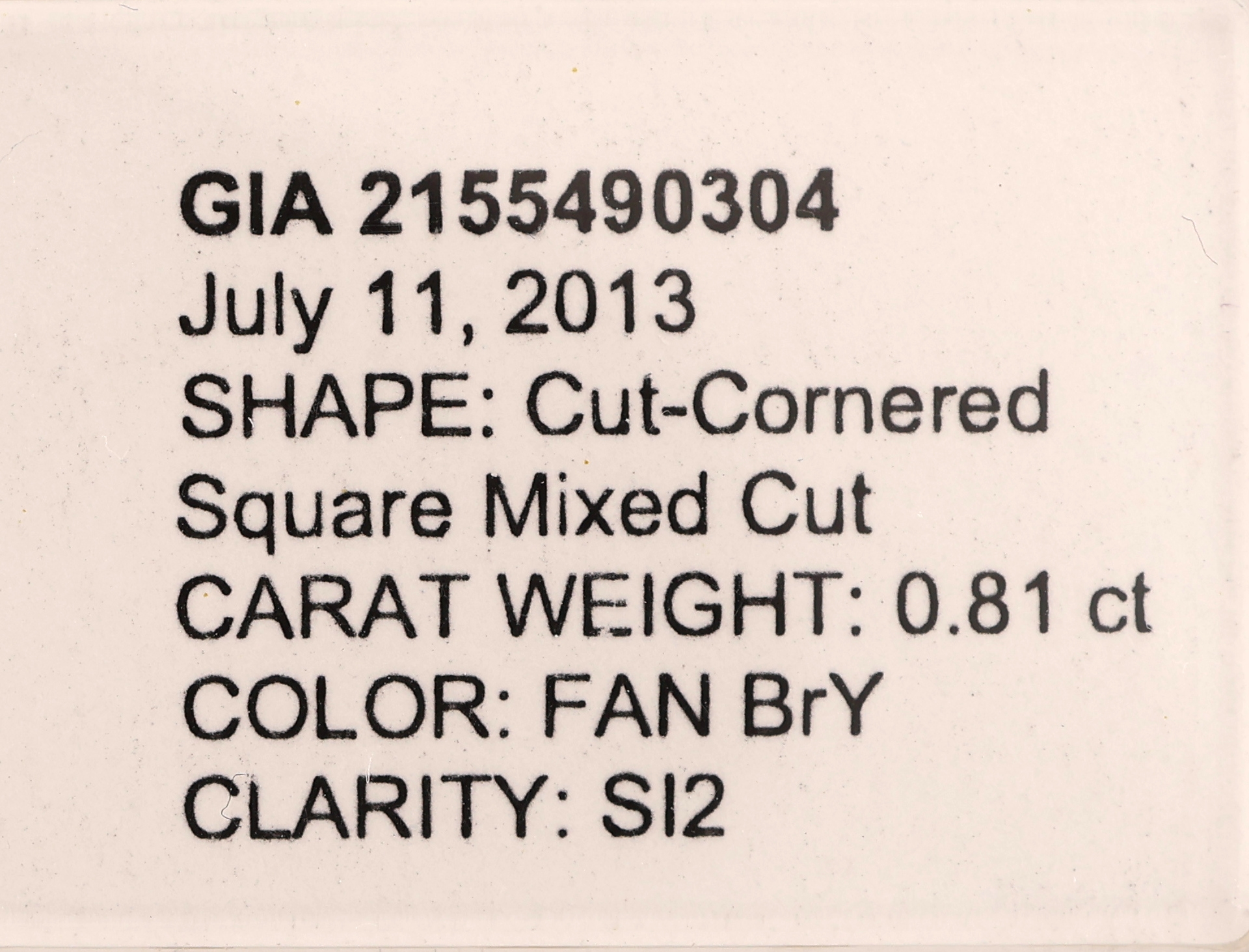 Detail a: Loser Diamant, 0.81 ct Natural Fancy Brown- Yellow/si2, Cornered Square Mixed Cut, verschweißt, GIA-Expertise
