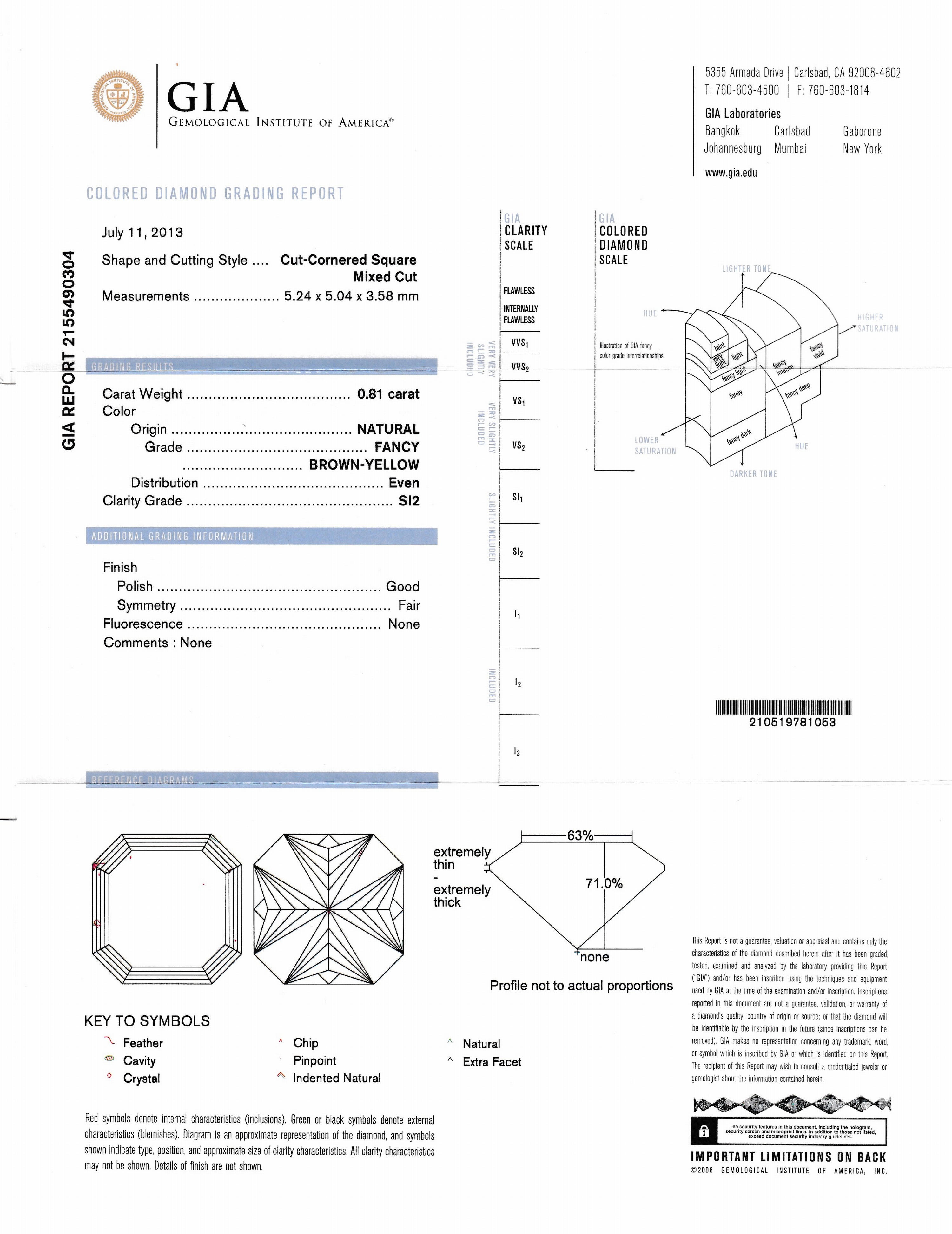 Detail b: Loser Diamant, 0.81 ct Natural Fancy Brown- Yellow/si2, Cornered Square Mixed Cut, verschweißt, GIA-Expertise