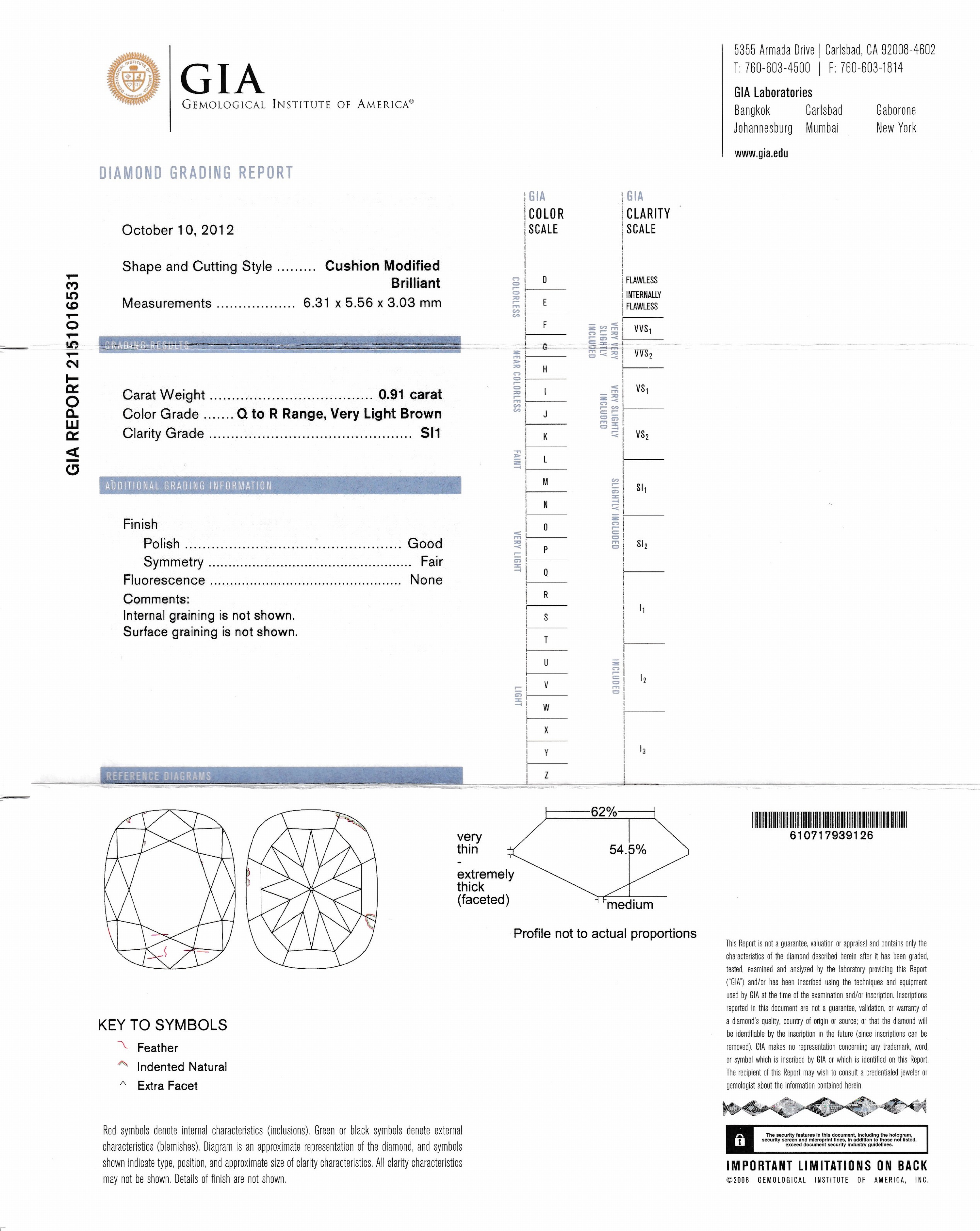 Detail b: Loser Diamant im modifizierten Kissenschliff 0.91 ct Very light Brown (Q-R)/si1, verschweißt, GIA-Expertise