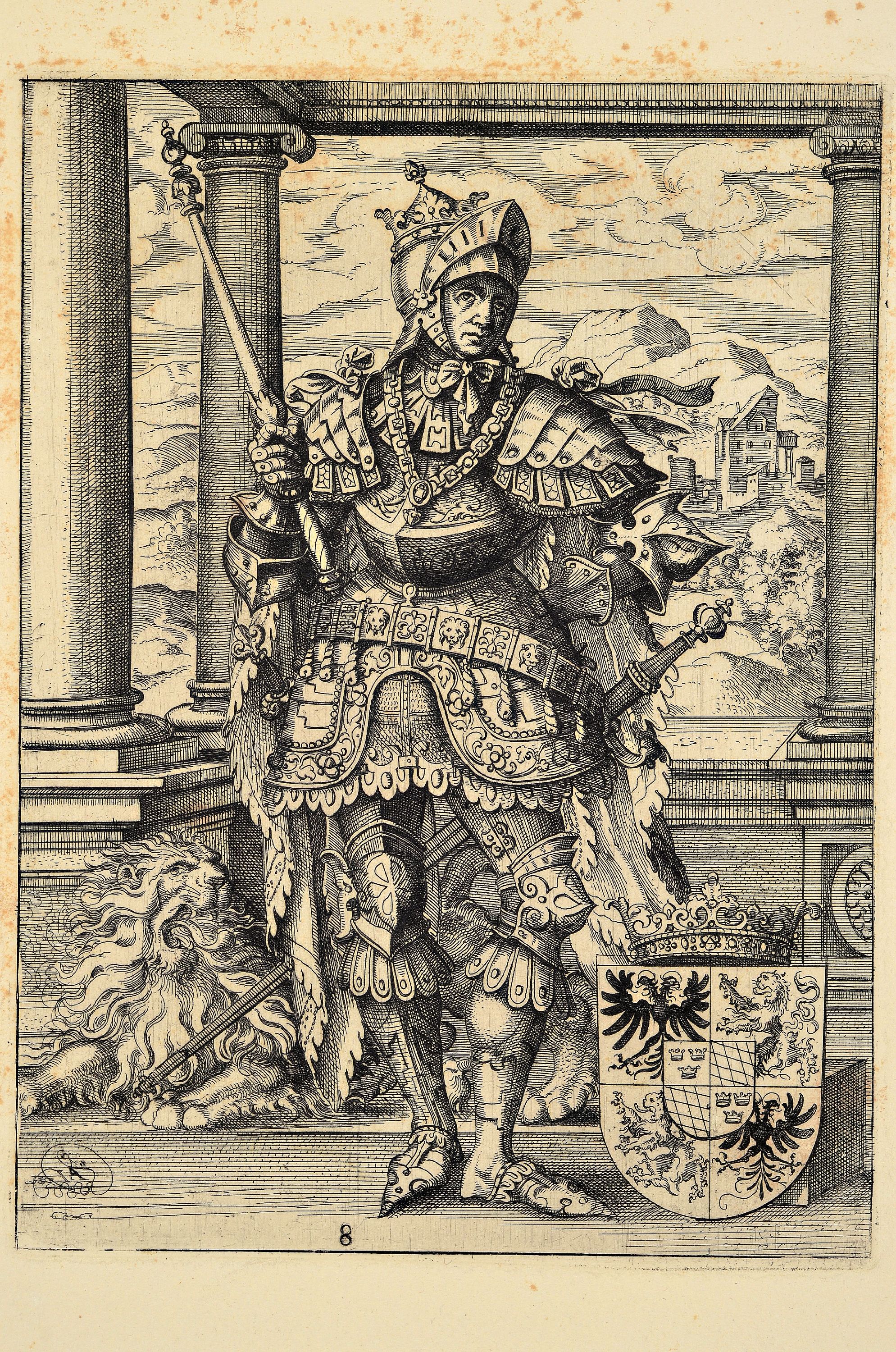 Detail a: Nach Jost Amman (1539-1591), 18 Kupferstiche aus "Icones Ducum Bavariae" (1583), Abzüge von den Originalplatten durch die ...