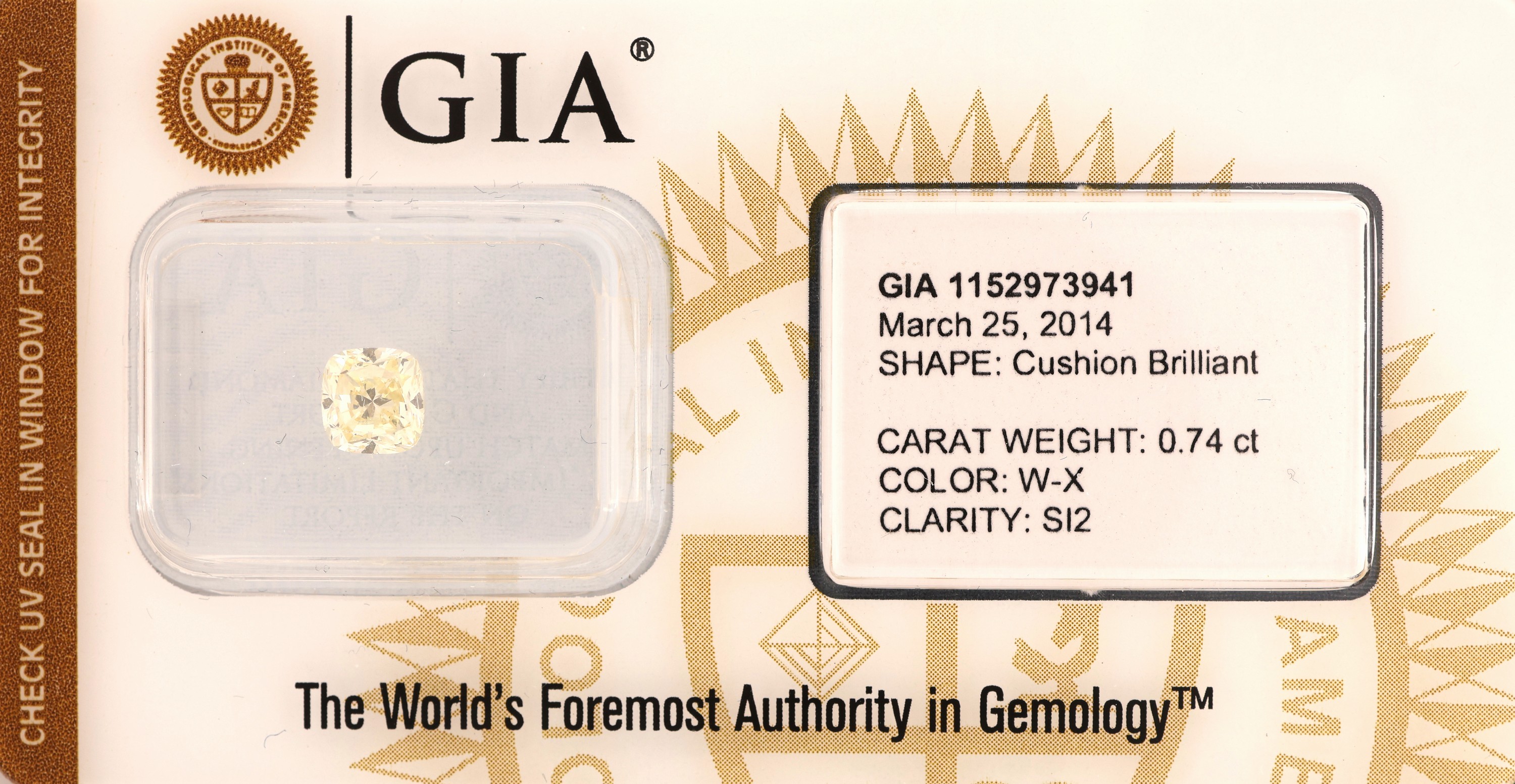 Image 27041633 - Loser Diamant, 0.74 ct Light Yellow (W-X)/si2,Kissenschliff, verschweißt, GIA-Expertise