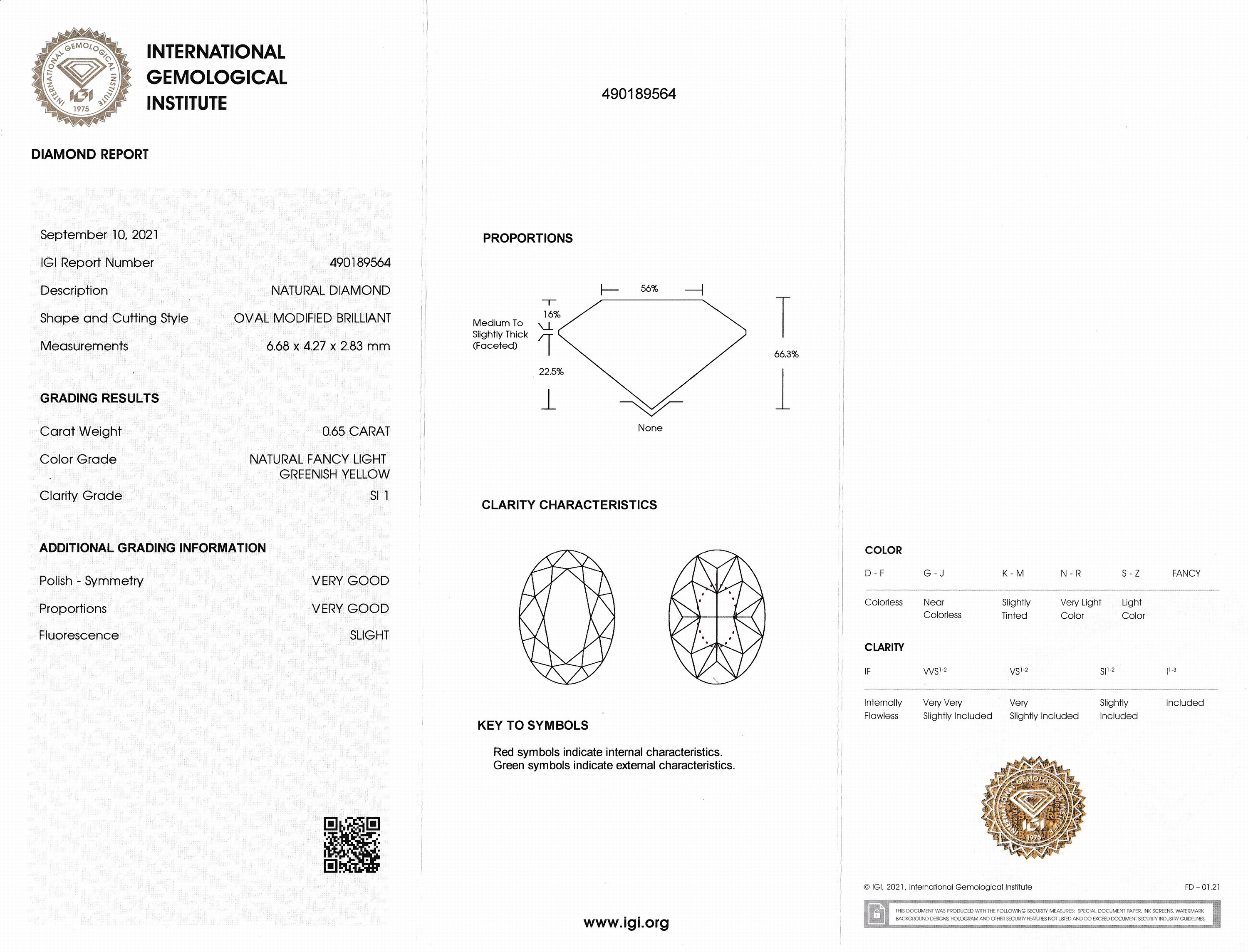 Detail b: Loser ovaler Diamant 0.65 ct Natural Fancy Light Greenish Yellow/si 2, verschweißt, IGI Zertifikat