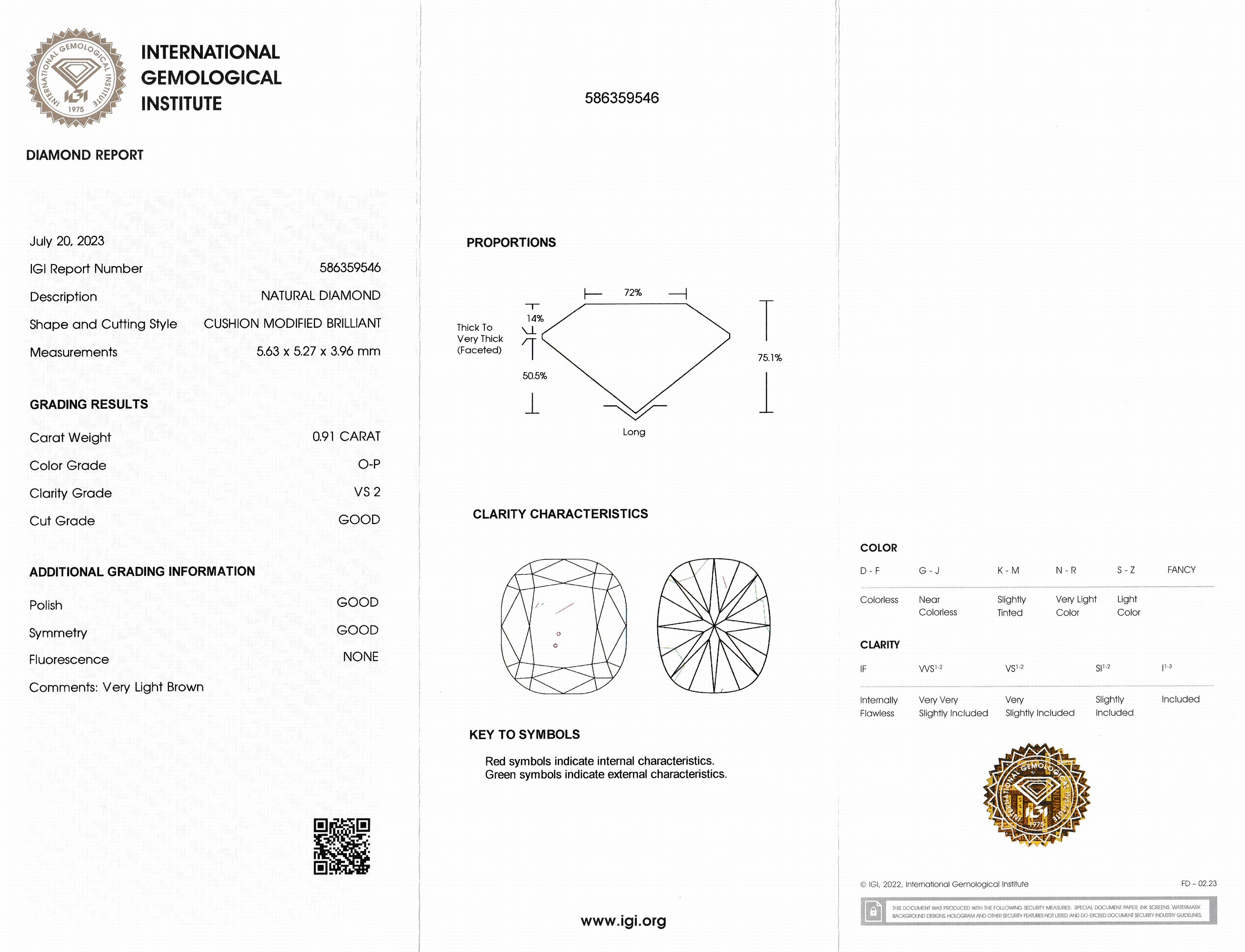 Detail b: Loser Diamant 0.91 ct Very light Brown (O-P)/vs2, modifizierter Kissenschliff, verschweißt, IGI Zertifikat