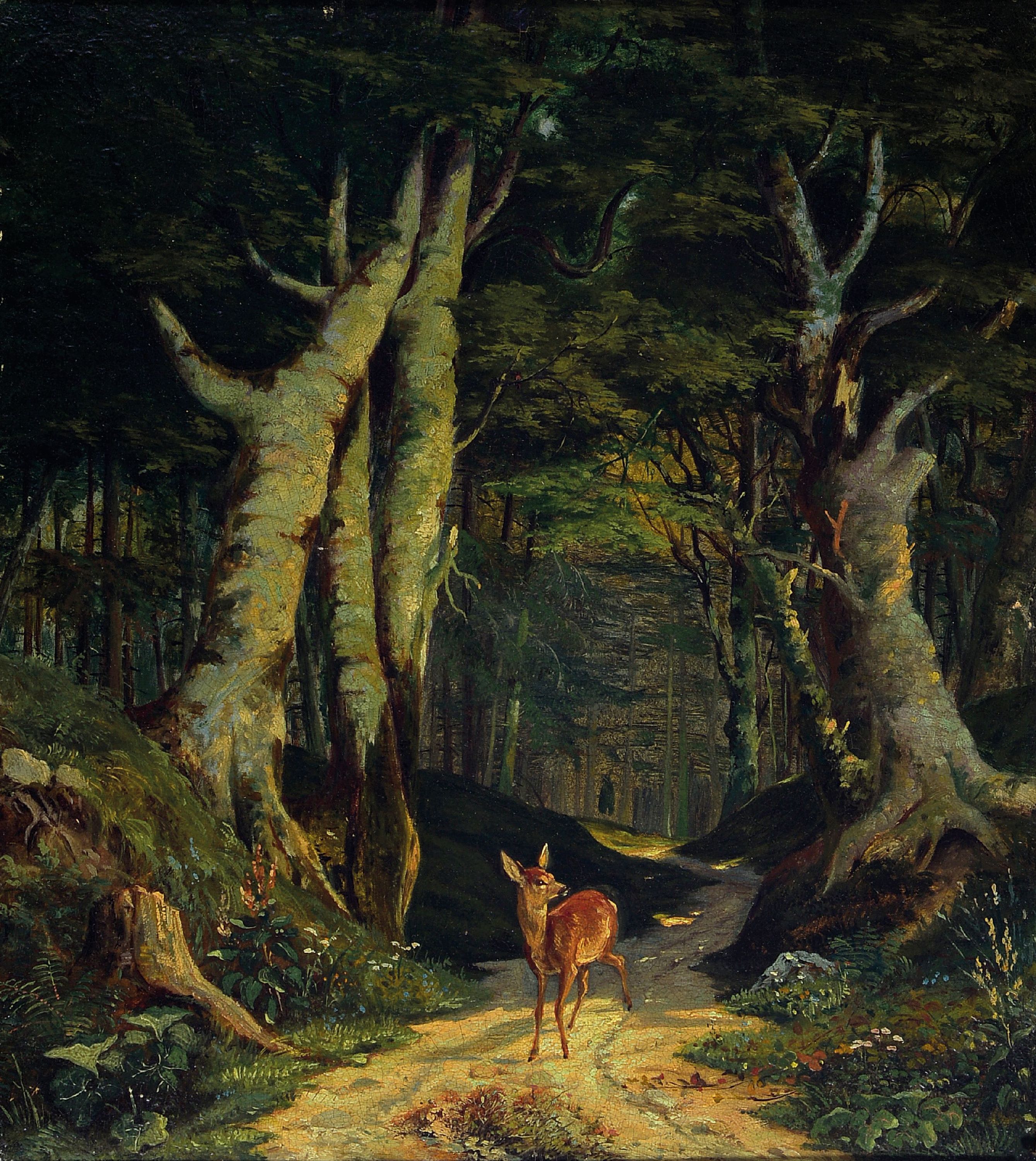 Image 27041679 - Unbekannter Künstler des 19.Jh., Waldinterieur mit Reh, Öl/Malkarton, 35x31 cm,l. ...