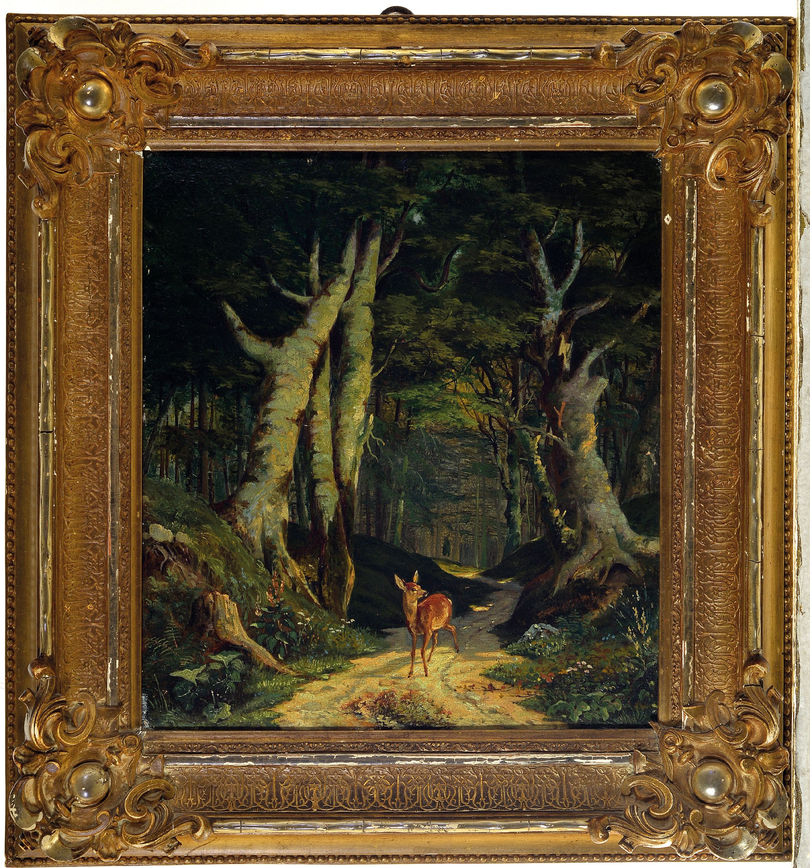 Detail k: Unbekannter Künstler des 19.Jh., Waldinterieur mit Reh, Öl/Malkarton, 35x31 cm,l. Schäden der Farboberfläche, verso bez., vergoldeter Prunkrahmen ...