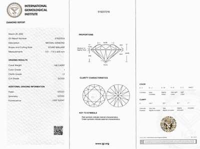 27041606b - Loser Brillant ca. 1.40 ct l.get.Weiß(I)/p2, verschweißt, IGI-Expertise