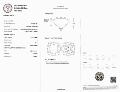 27041621b - Loser Diamant, 0.81 ct l.get.Weiß(J)/si2, Kissenschliff, verschweißt, IGI-Expertise