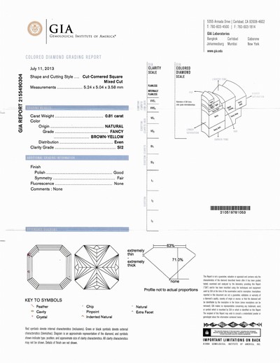 27041622b - Loser Diamant, 0.81 ct Natural Fancy Brown- Yellow/si2, Cornered Square Mixed Cut, ...