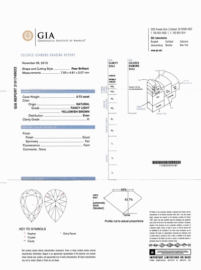 27041623b - Loser Diamant-Tropfen 0.72 ct Fancy Light Yellowish Brown/p1, verschweißt, GIA-Expertise