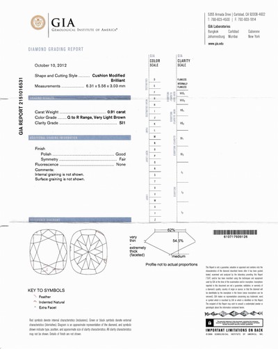 27041624b - Loser Diamant im modifizierten Kissenschliff 0.91 ct Very light Brown (Q-R)/si1, ...