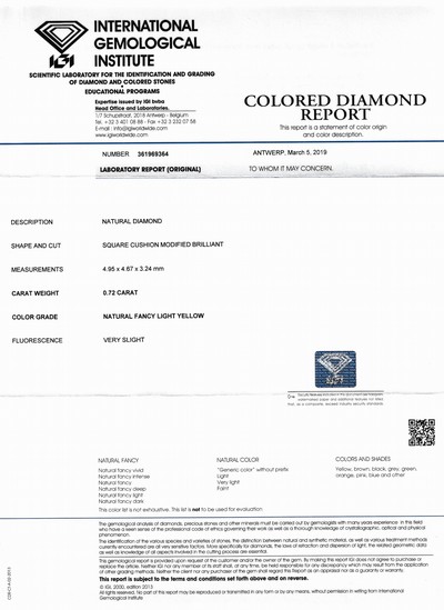 27041675c - Loser Diamant 0.72 ct Natural Fancy light Yellow, modified square cushion cut, IGI ...