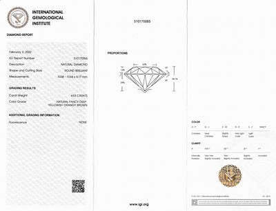 27041677b - Loser Brillant 4.63 ct Natural Fancy Deep Yellowish Orangy Brown, verschweißt, IGI ...