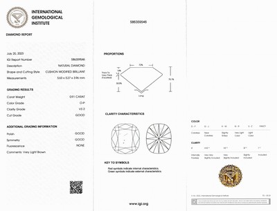 27041678b - Loser Diamant 0.91 ct Very light Brown (O-P)/vs2, modifizierter Kissenschliff, ...
