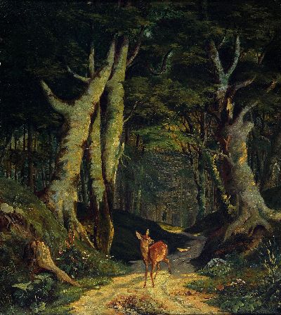 Image Unbekannter Künstler des 19.Jh., Waldinterieur mit Reh, Öl/Malkarton, 35x31 cm,l. ...