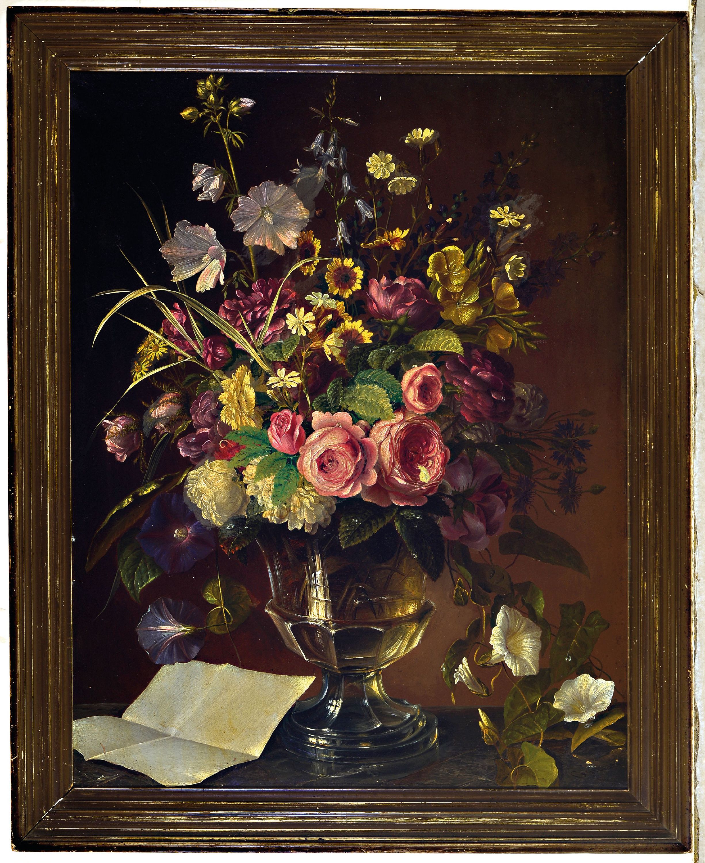 Detail k: Gaslauer, Künstler um 1800, Blumenstillleben, Varianten reicher Sommerstrauß in Glasvase, rechts unten signiert, Öl/Malkarton, 60x47cm, Rahmen ...