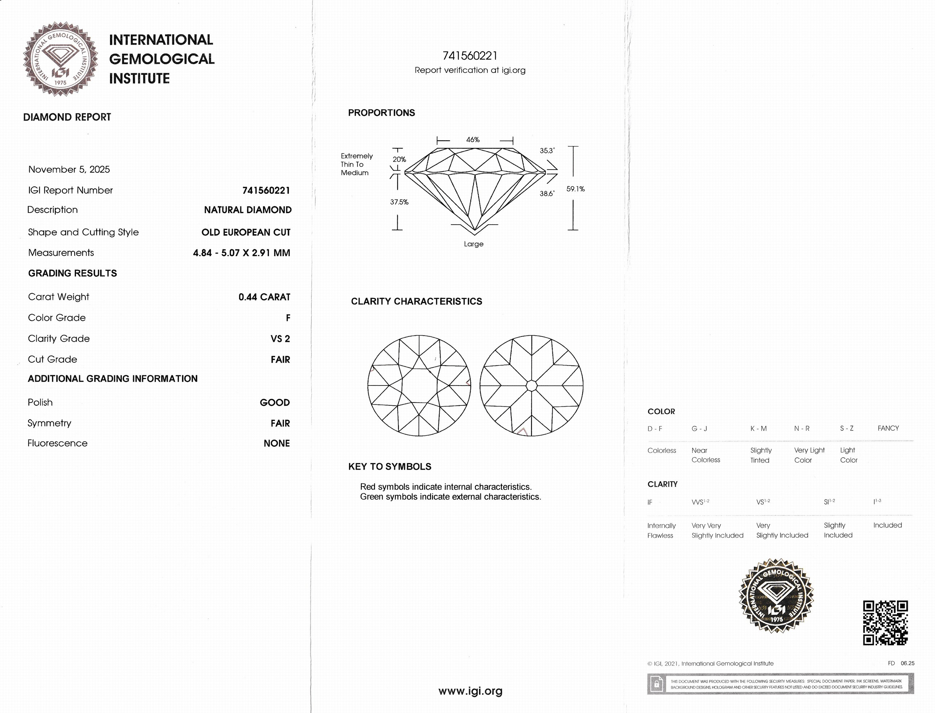 Detail a: Loser Brillant, 0.44 ct feines Weiß+(F)/vs2, eingeschweißt, mit IGI-Expertise