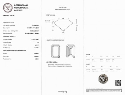 27041937b - Loser Diamant, 0.32 ct feines Weiß(G)/vvs2, Emerald Cut, eingeschweißt, mit ...