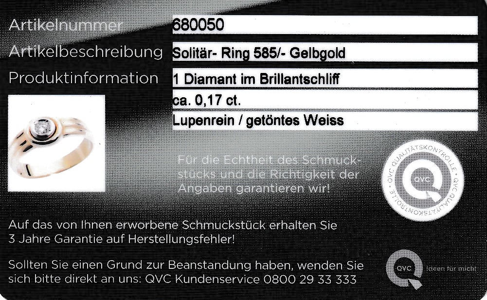 Detail a: 14 kt Gold Brillant-Ring, GG/WG 585/000, inWG gefasster Brillant ca. 0.15 ct get.Weiß/lr,RW 57, ca. 5.6 g, QVC-Schmuckkarte