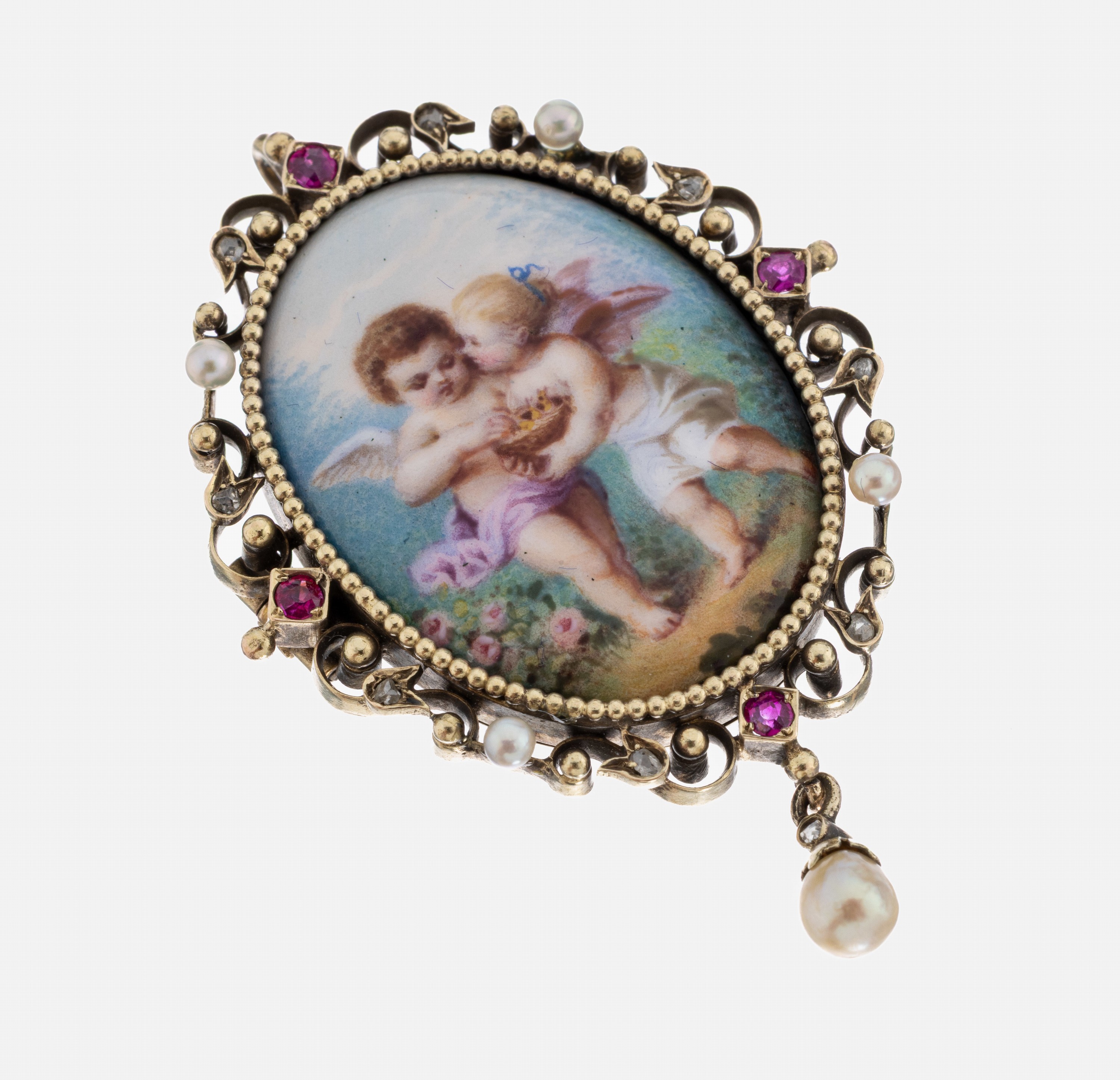 Image 27042105 - 14 kt Gold Porzellanmalerei-Rubin-Diamant -Perl-Brosche, um 1900, GG 585/000 gepr., ...