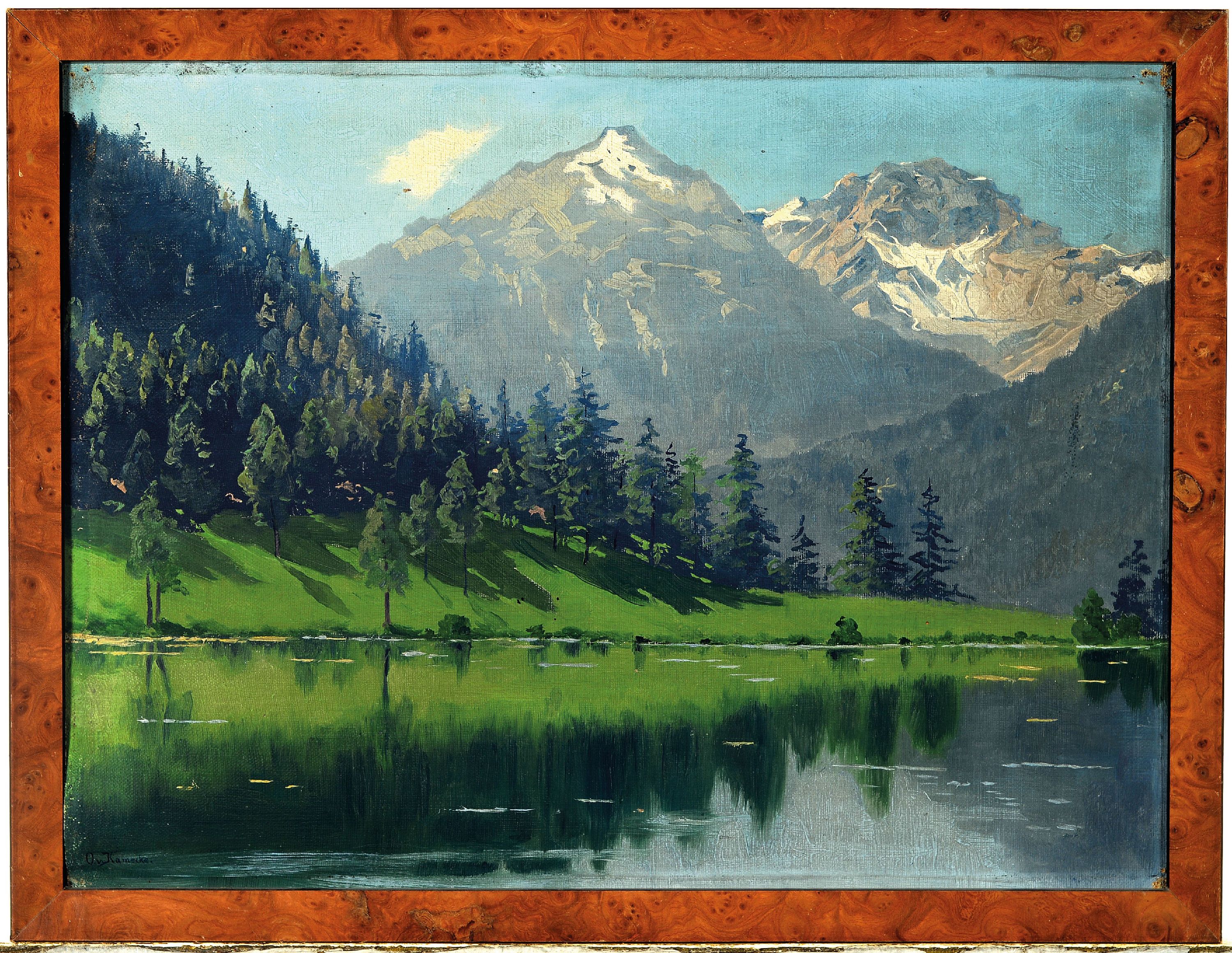 Detail k: Otto Werner von Kameke, 1826 Stolp-1899 Berlin, Voralpenlandschaft, Blick wohl über den Trübsee auf verschneite Gipfel, links unten signiert, ...