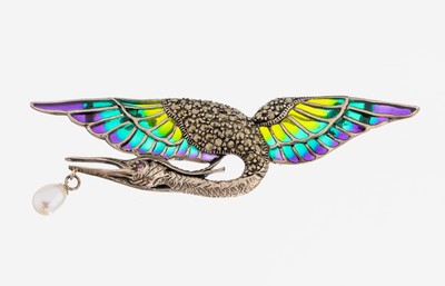 Image Markasit-Perl-Email-Brosche, 1950er Jahre, 925er Silber, Darstellung eines Vogels, ...
