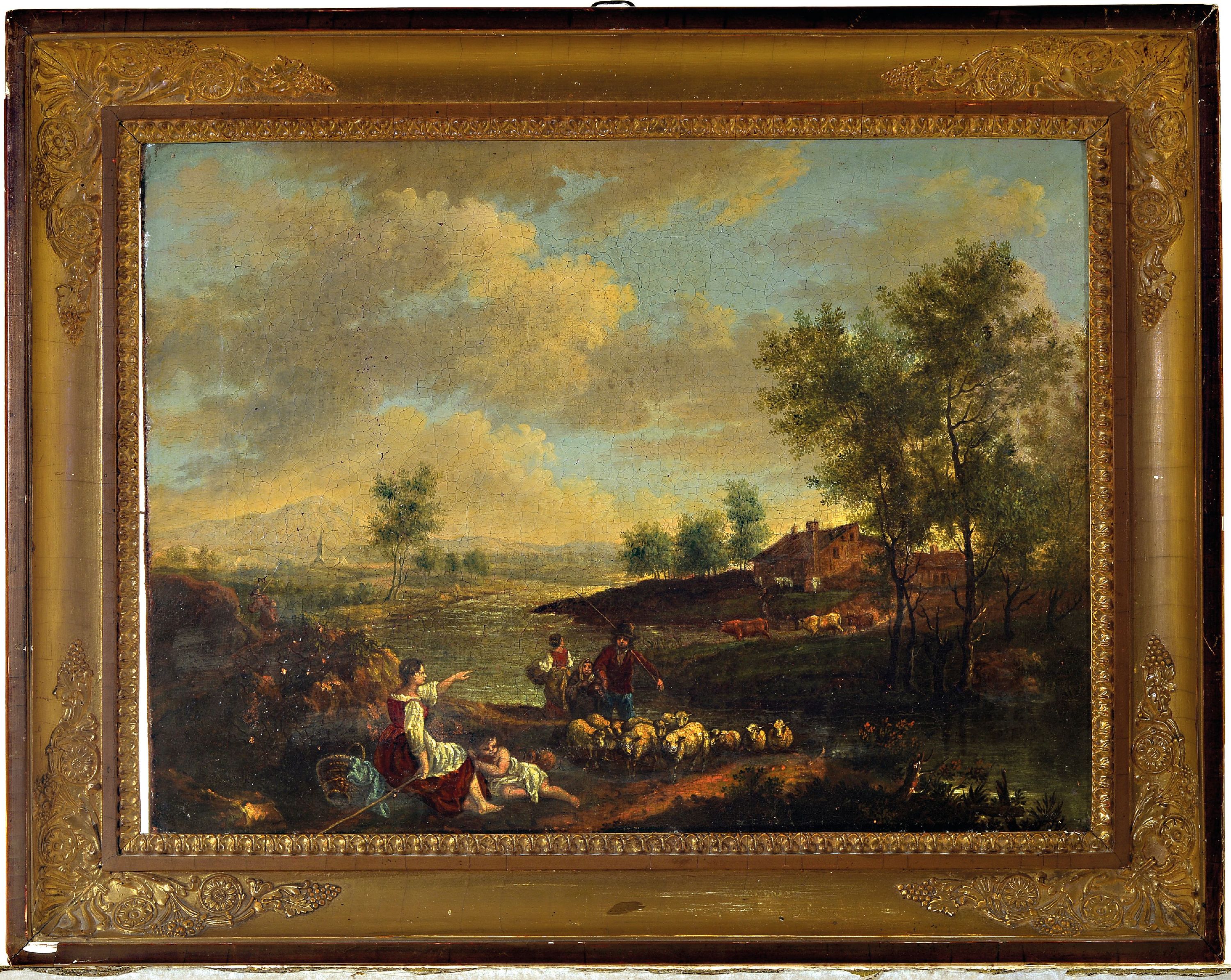 Detail k: Zuschreibung: Francesco Zuccarelli, 1702 Pitigliano-1788 Florenz, pastorale Landschaft mit dichter Figurenstaffage, unsigniert, Öl/Lwd, auf Lwd ...