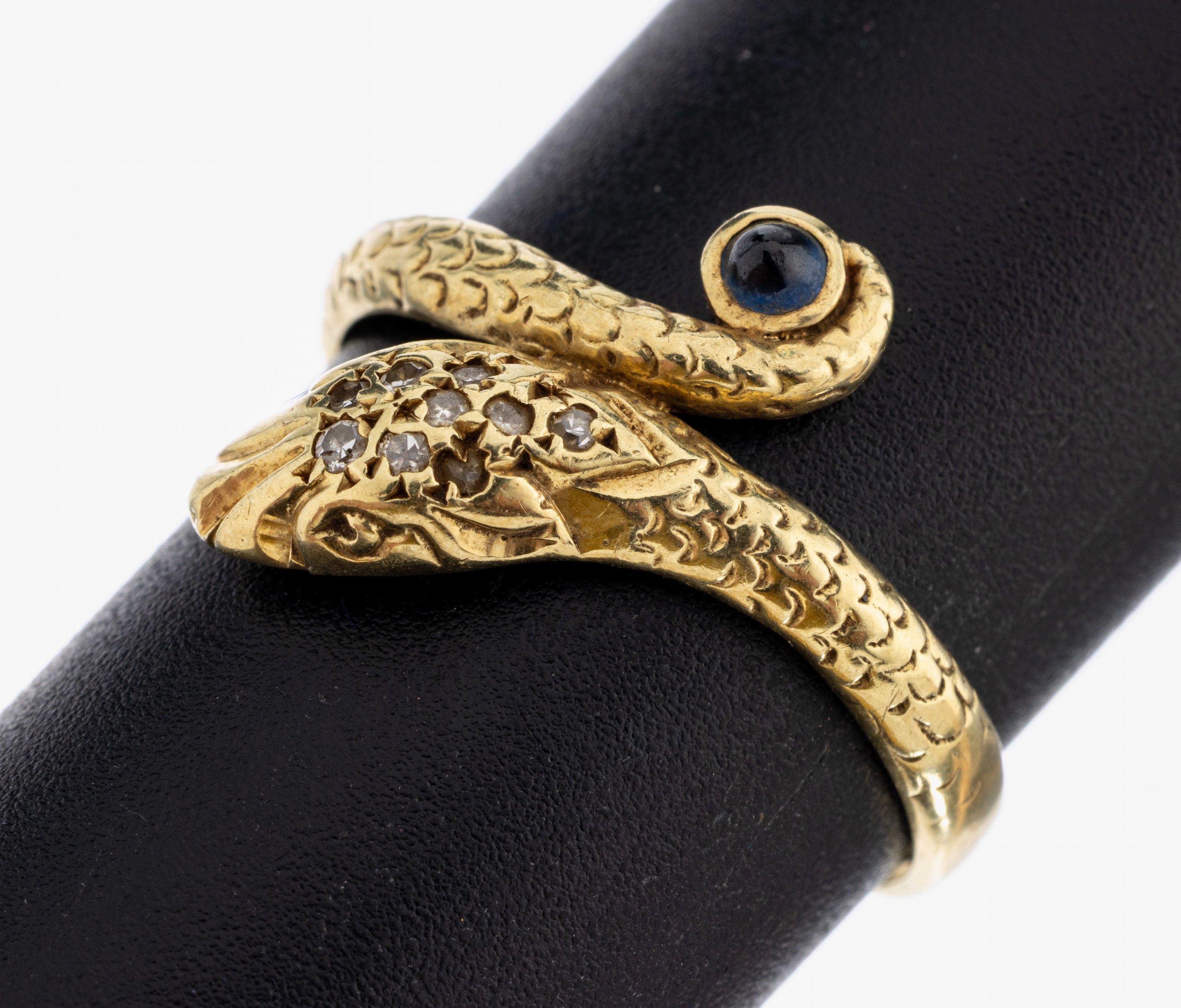 Image 27042243 - 14 kt Gold Diamant-Saphir-Schlangenringen, GG 585/000, Kopf mit 9 8/8-Diamanten zus. ...