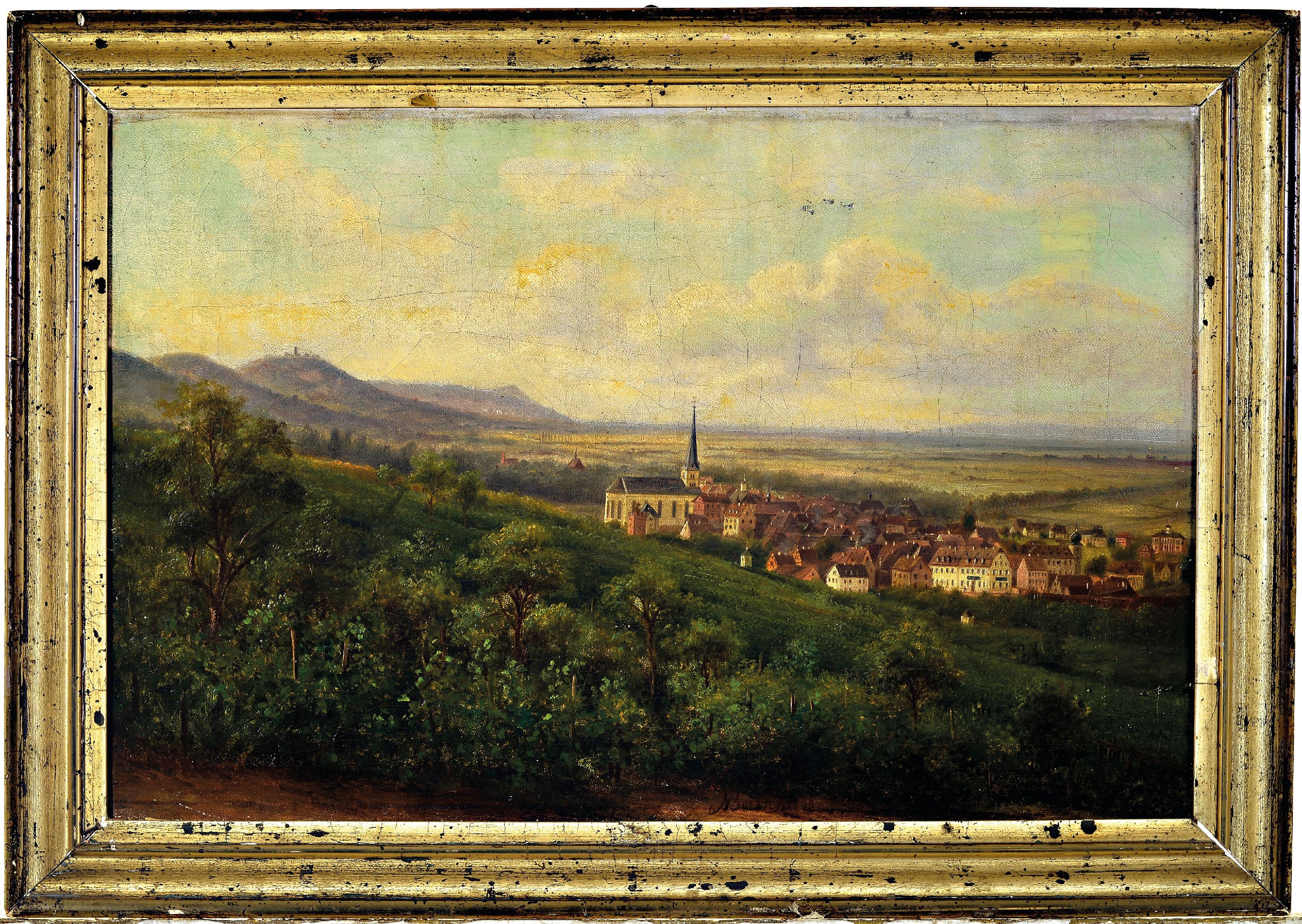 Detail k: Wohl Nicolaus Berkhout (1813-1892), Ansicht von Bensheim, Blick über die Stadt in die Rheinebene, mittig unten unleserlich signiert "Nic... ...