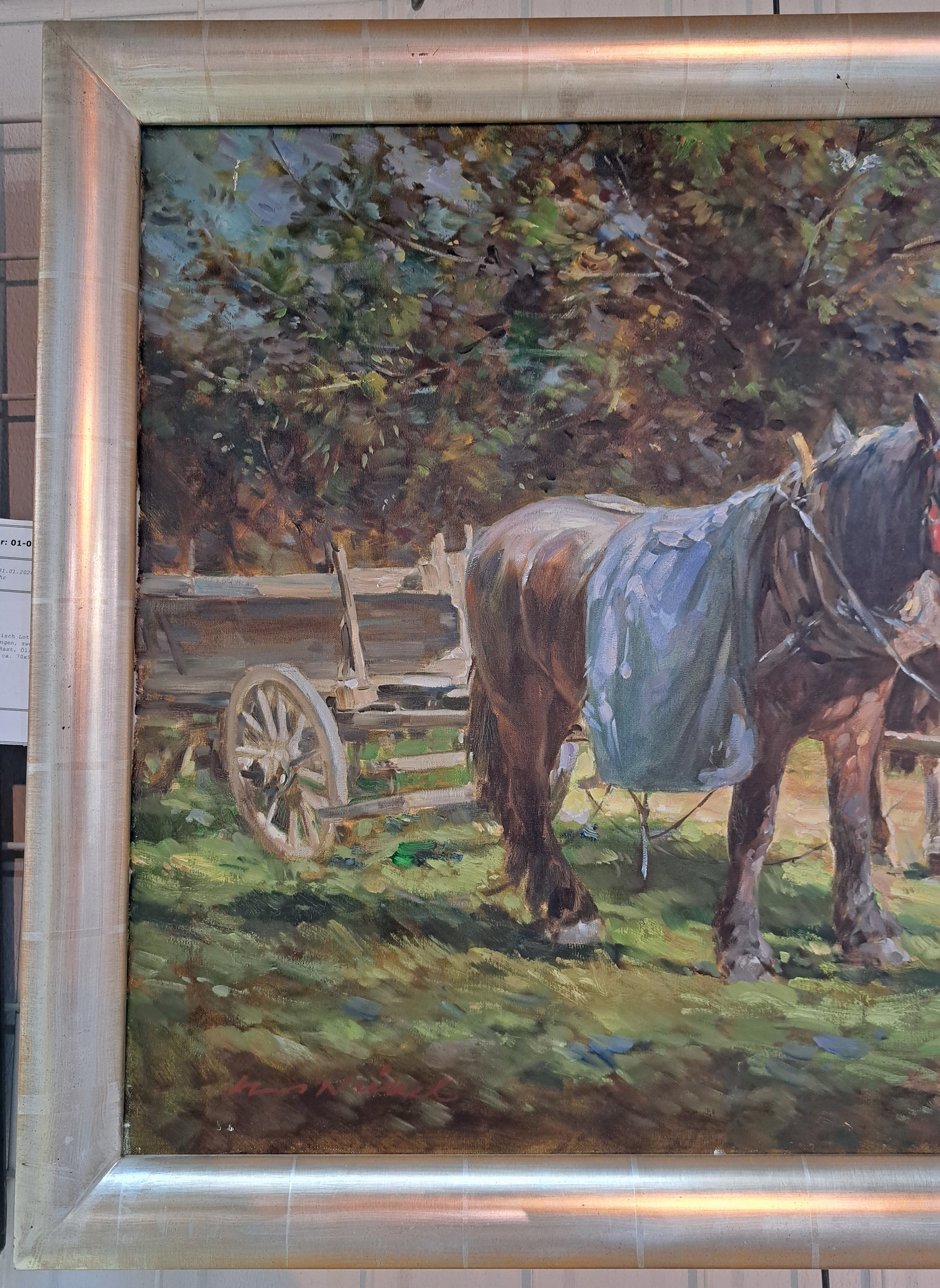 Detail c: Hans Nickel, 1916 Mährisch Lotschnau-1986 Altdorf bei Nürtingen, zwei Arbeitspferde bei der Rast, Öl/Lwd, sign., ca. 60x80cm, R. ca. 70x90cm, ...