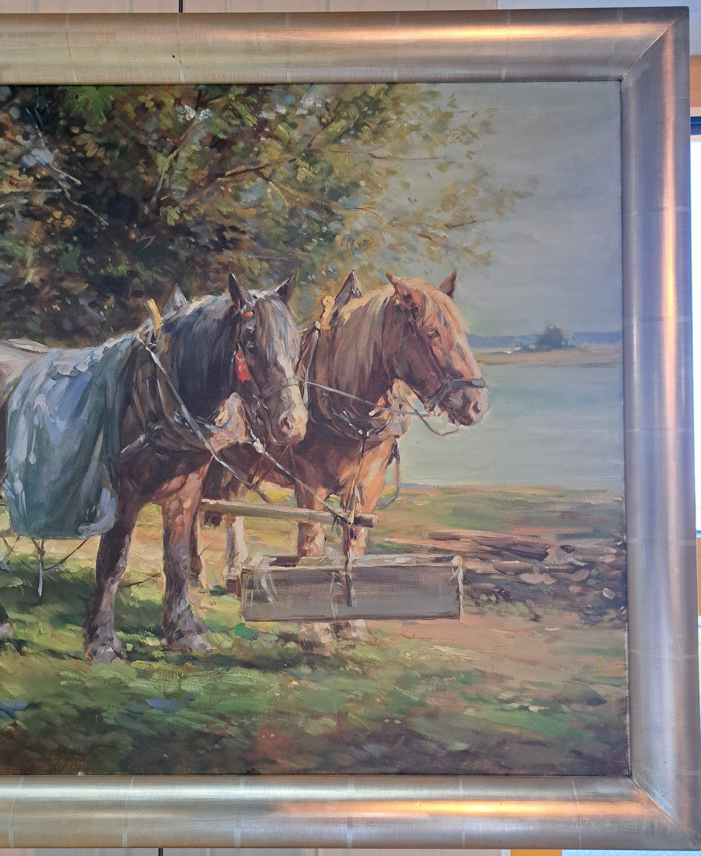 Detail d: Hans Nickel, 1916 Mährisch Lotschnau-1986 Altdorf bei Nürtingen, zwei Arbeitspferde bei der Rast, Öl/Lwd, sign., ca. 60x80cm, R. ca. 70x90cm, ...