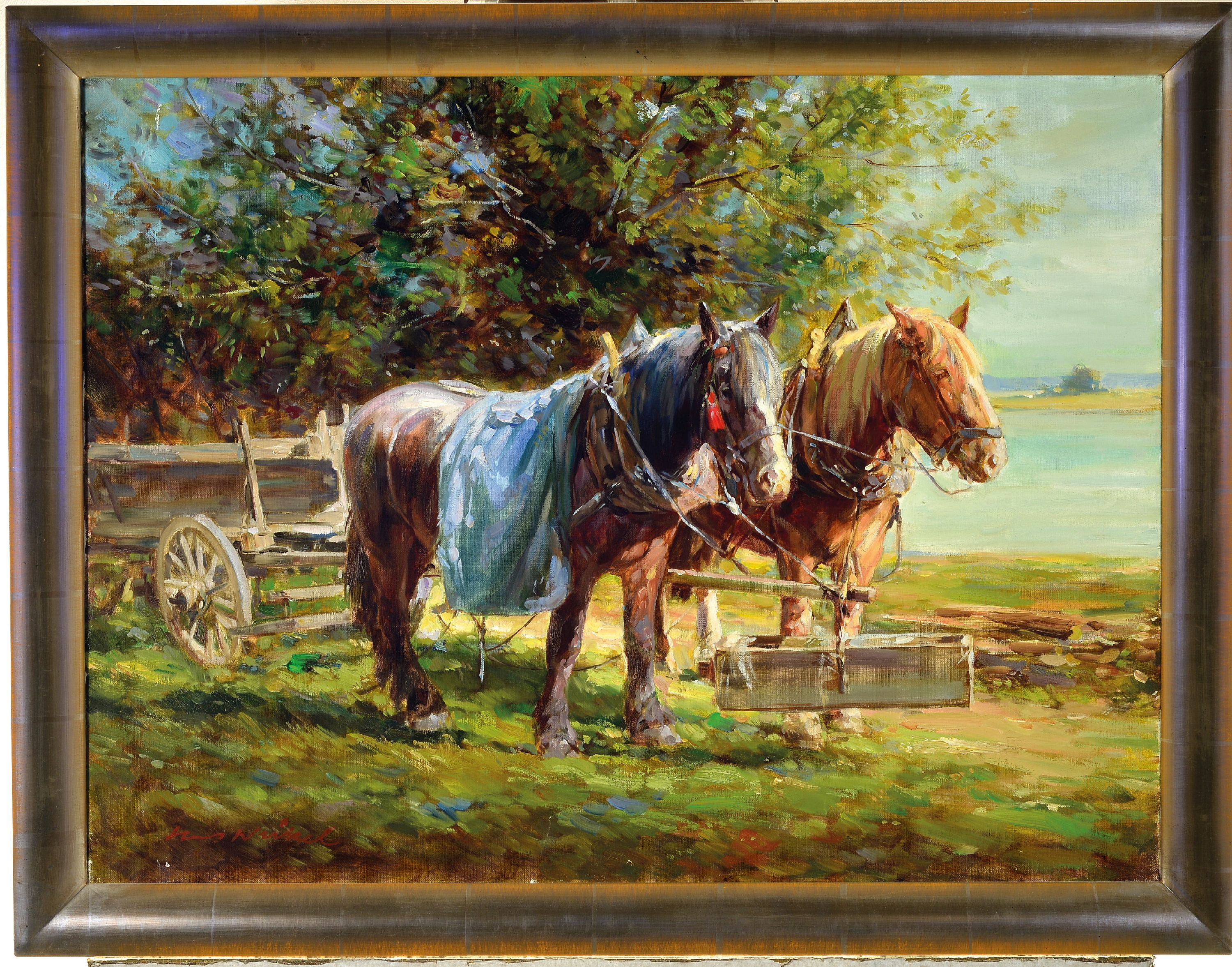 Detail k: Hans Nickel, 1916 Mährisch Lotschnau-1986 Altdorf bei Nürtingen, zwei Arbeitspferde bei der Rast, Öl/Lwd, sign., ca. 60x80cm, R. ca. 70x90cm, ...