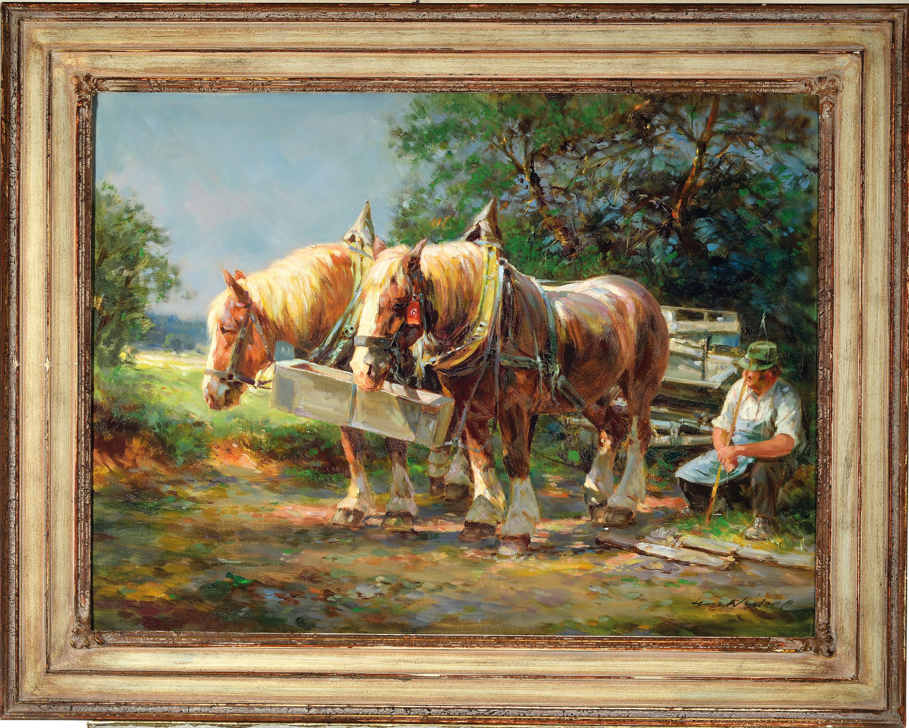 Detail k: Hans Nickel, 1916 Mährisch Lotschnau-1986 Altdorf bei Nürtingen, Bauer mit seinen beiden Pferden bei der Rast, Öl/Lwd, sign., ca. 60x80cm, R. ca. ...