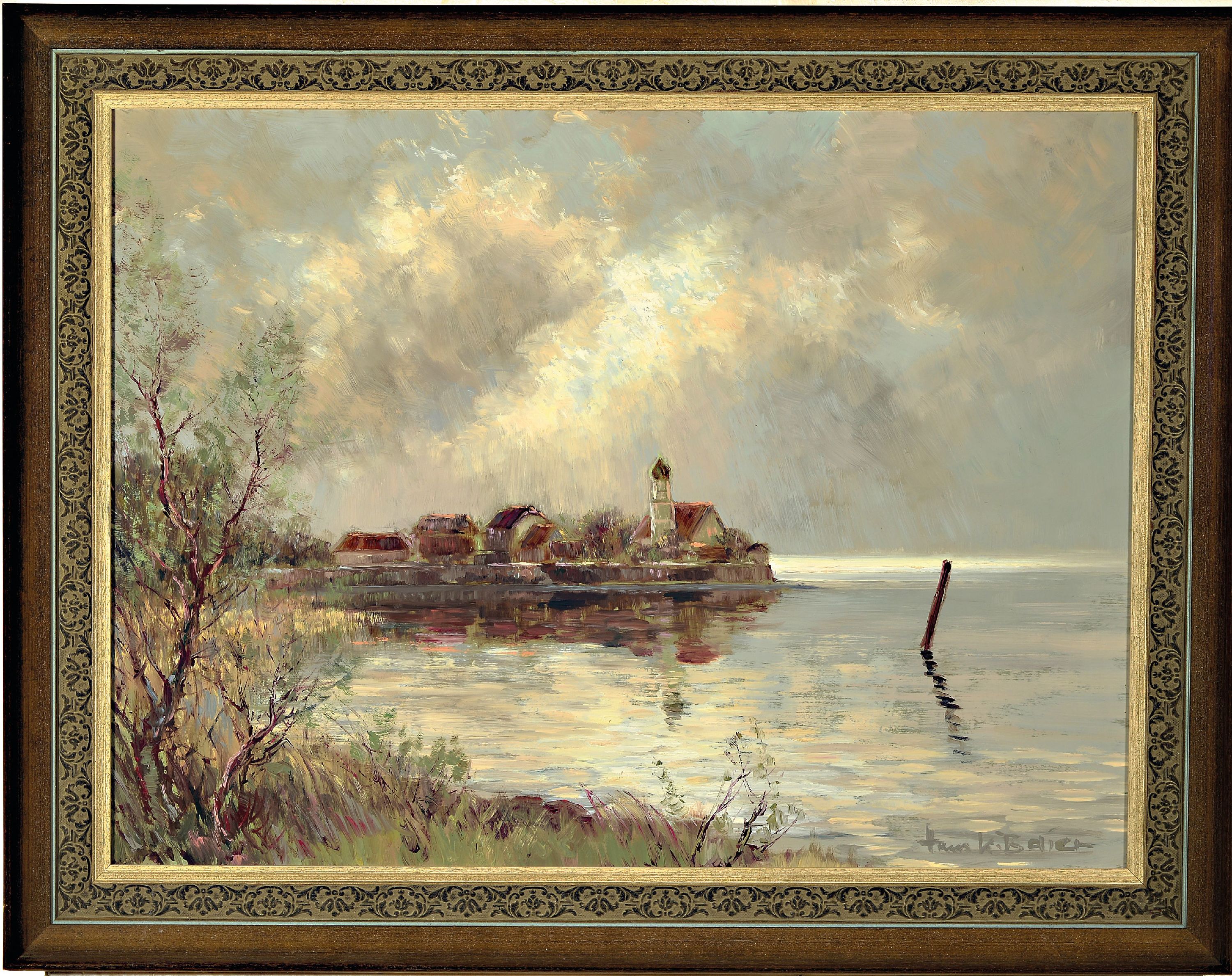 Detail k: Hans Karl Baier, 1918 Ulm-1976 Oberstdorf, Wasserburg am Bodensee, so rückseitig betitelt, Öl/Hartfaser, rechts unten sign., ca. 53x70 cm, R. ca. ...