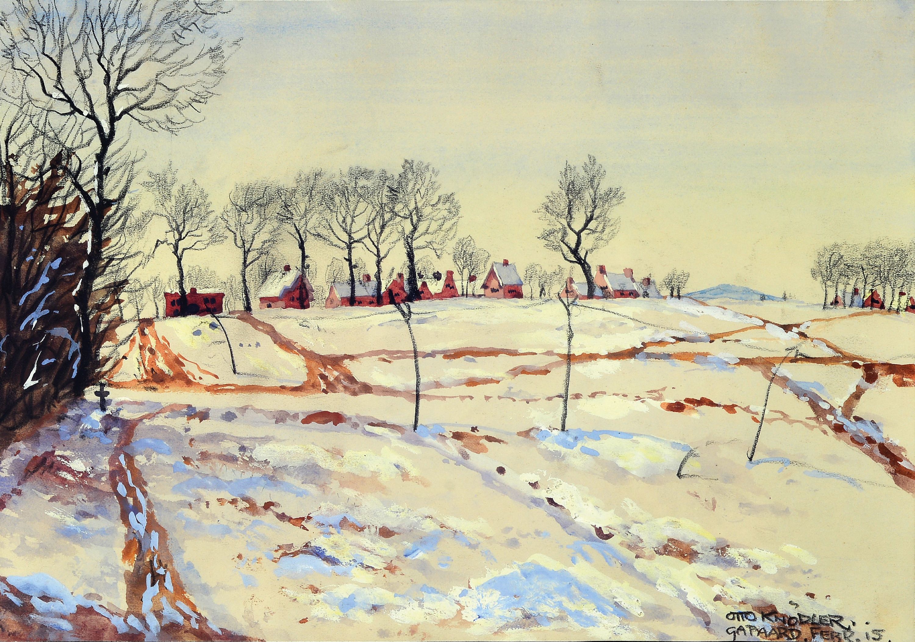 Image 27042263 - Otto Knödler, 1887-1960, 3 Aquarelle: 1) verschneite Landschaft mit Häuserzeile, sign. ...