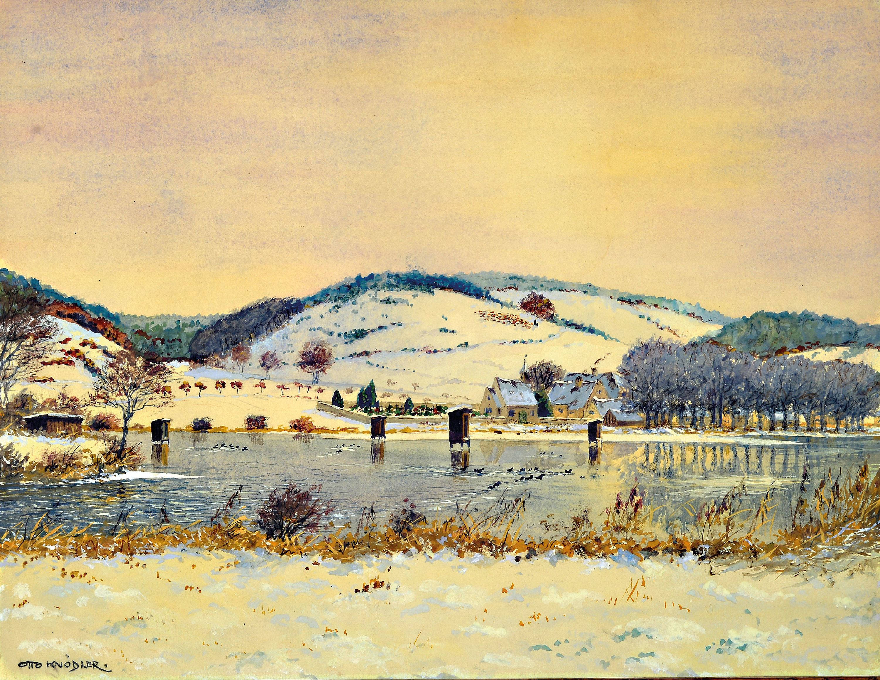 Detail b: Otto Knödler, 1887-1960, 3 Aquarelle: 1) verschneite Landschaft mit Häuserzeile, sign. und bez. Gapaard Febr. 15, ca. 23x32 cm, u.Gl., R. ca. ...