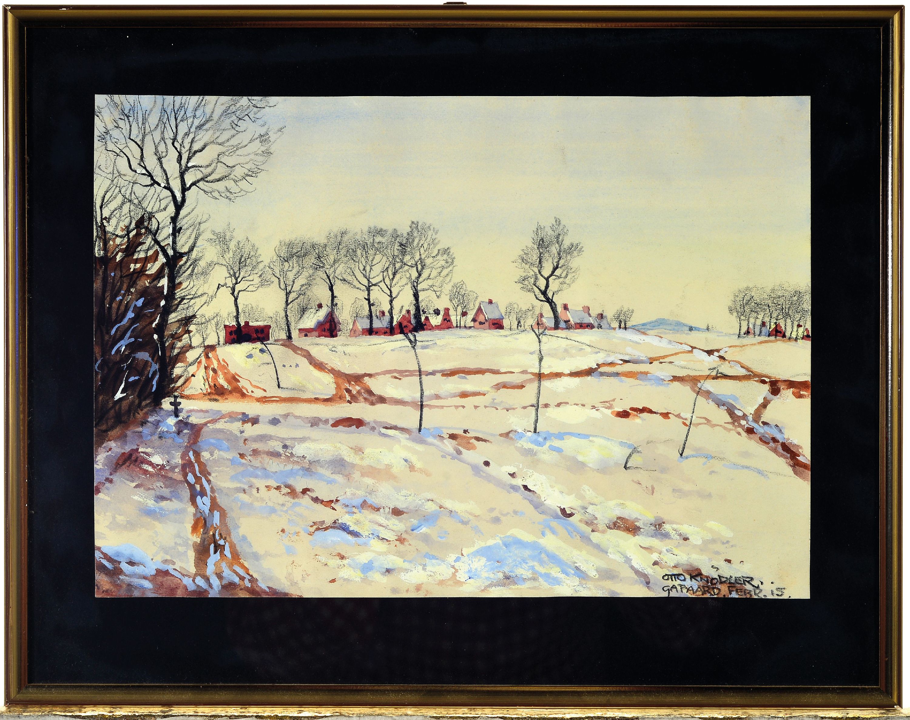 Detail k: Otto Knödler, 1887-1960, 3 Aquarelle: 1) verschneite Landschaft mit Häuserzeile, sign. und bez. Gapaard Febr. 15, ca. 23x32 cm, u.Gl., R. ca. ...