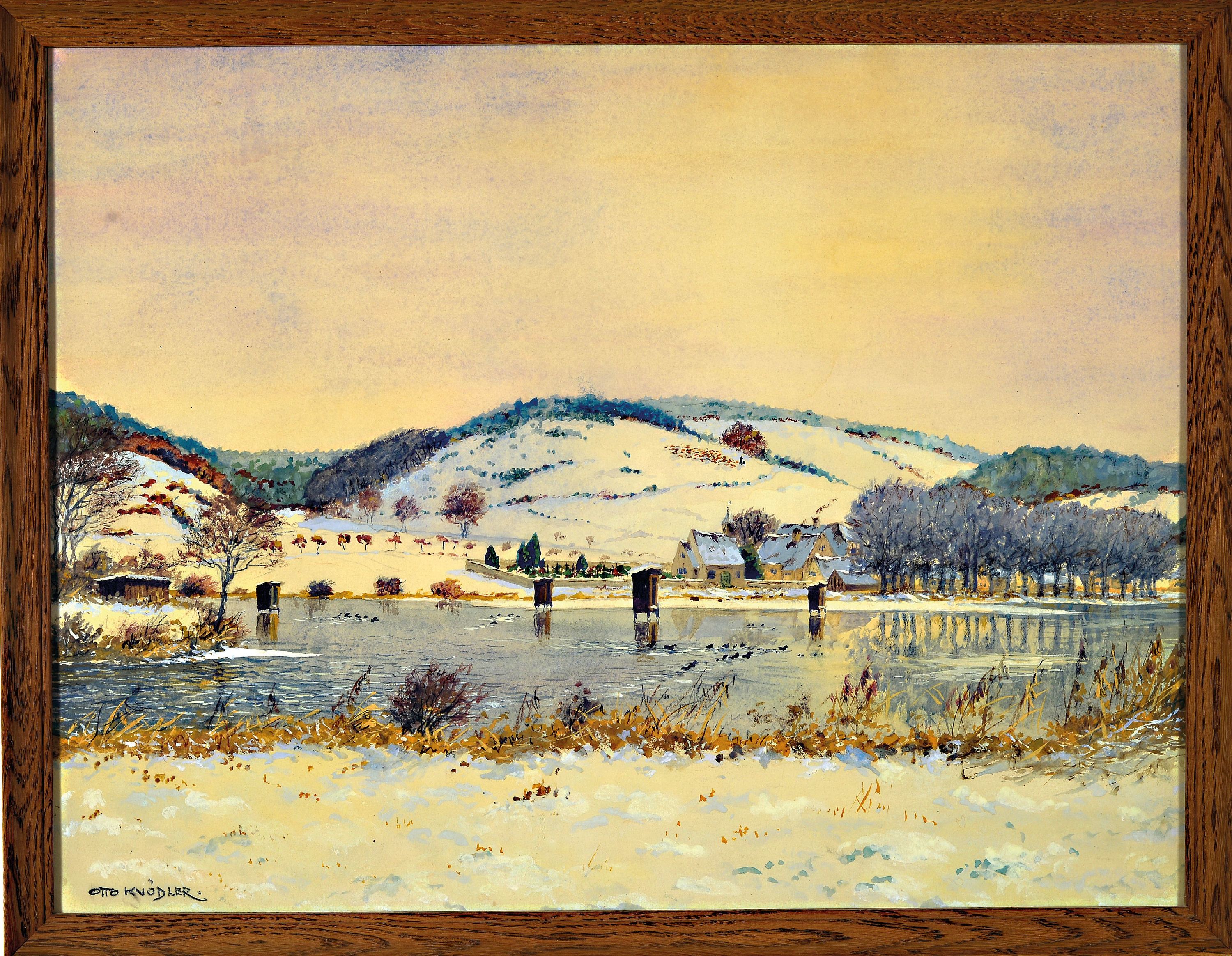Detail m: Otto Knödler, 1887-1960, 3 Aquarelle: 1) verschneite Landschaft mit Häuserzeile, sign. und bez. Gapaard Febr. 15, ca. 23x32 cm, u.Gl., R. ca. ...